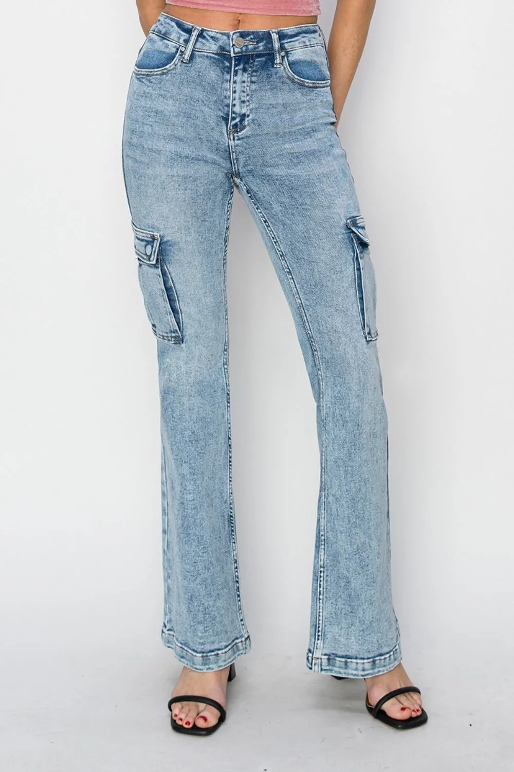 RISEN Retro Cargo High-Rise Slim Flare Tapered Acid Wash Denim Jeans Utility Pants
