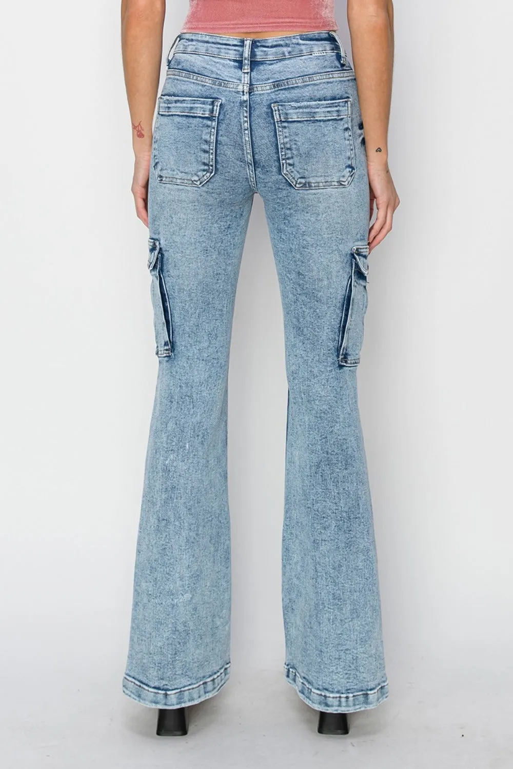 RISEN Retro Cargo High-Rise Slim Flare Tapered Acid Wash Denim Jeans Utility Pants