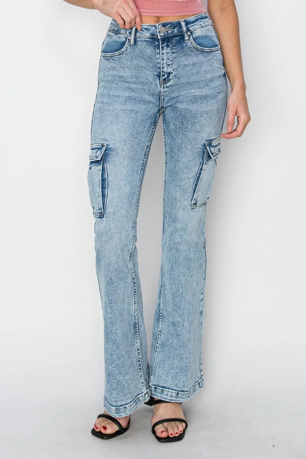 RISEN Retro Cargo High-Rise Slim Flare Tapered Acid Wash Denim Jeans Utility Pants
