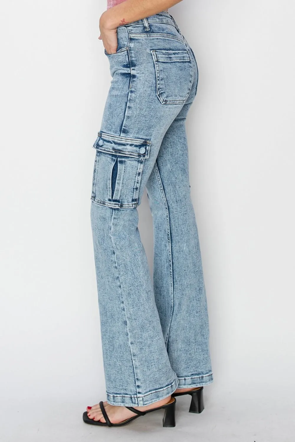 RISEN Retro Cargo High-Rise Slim Flare Tapered Acid Wash Denim Jeans Utility Pants
