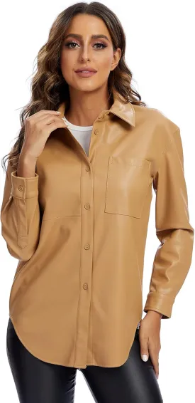 S P Y M Women Faux Leather Jacket Soft Button Down Shirt Shacket with Pocket, Regular and Plus Size