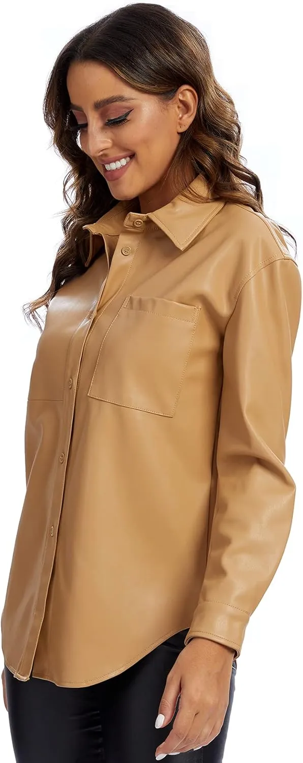 S P Y M Women Faux Leather Jacket Soft Button Down Shirt Shacket with Pocket, Regular and Plus Size