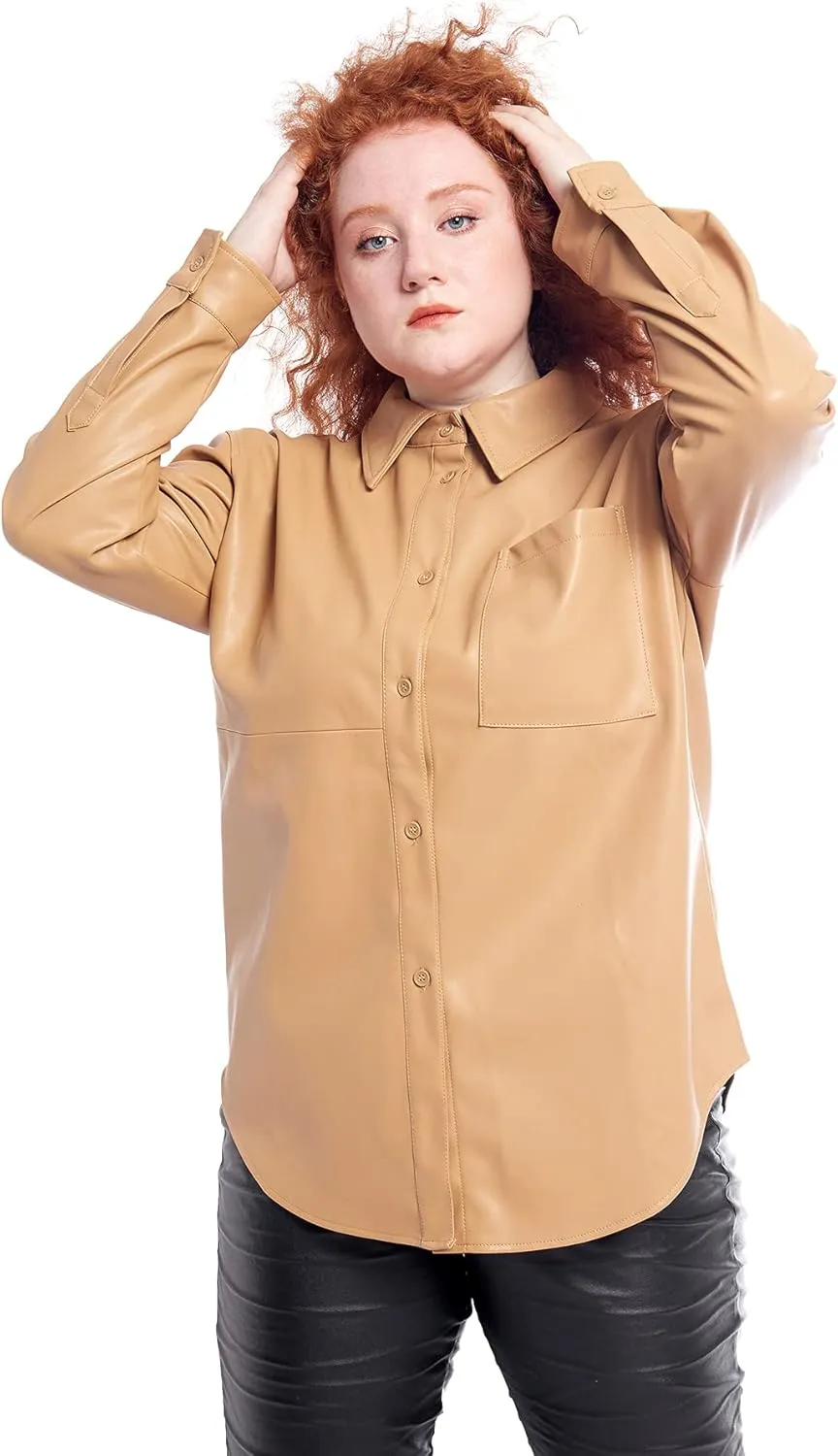 S P Y M Women Faux Leather Jacket Soft Button Down Shirt Shacket with Pocket, Regular and Plus Size
