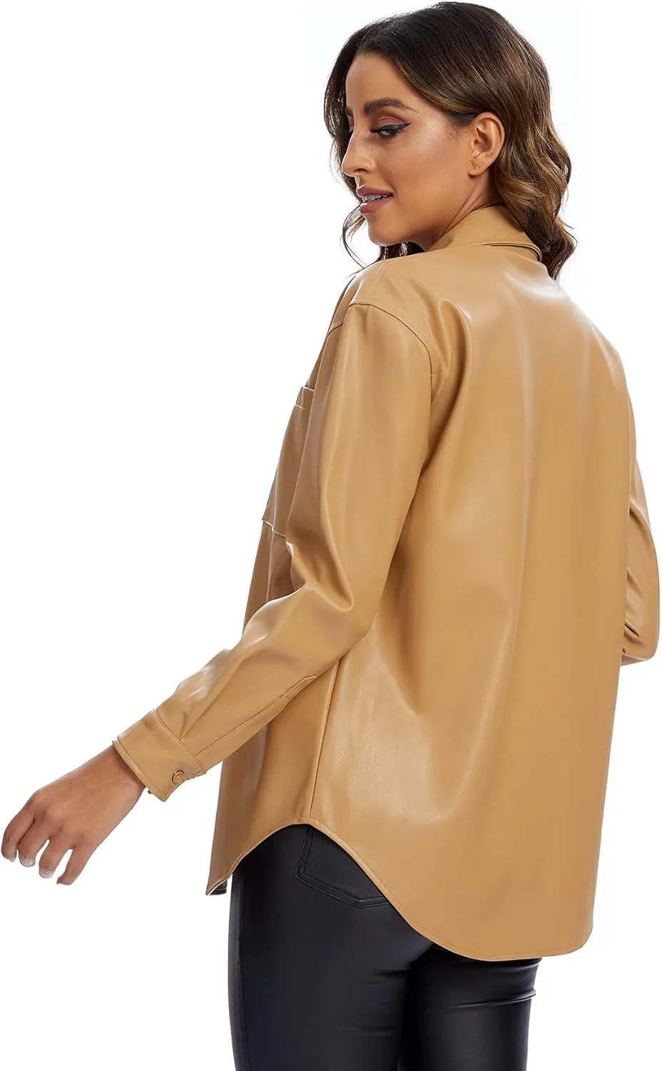 S P Y M Women Faux Leather Jacket Soft Button Down Shirt Shacket with Pocket, Regular and Plus Size