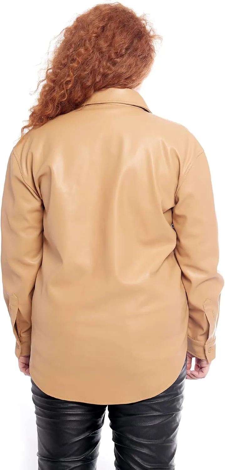 S P Y M Women Faux Leather Jacket Soft Button Down Shirt Shacket with Pocket, Regular and Plus Size