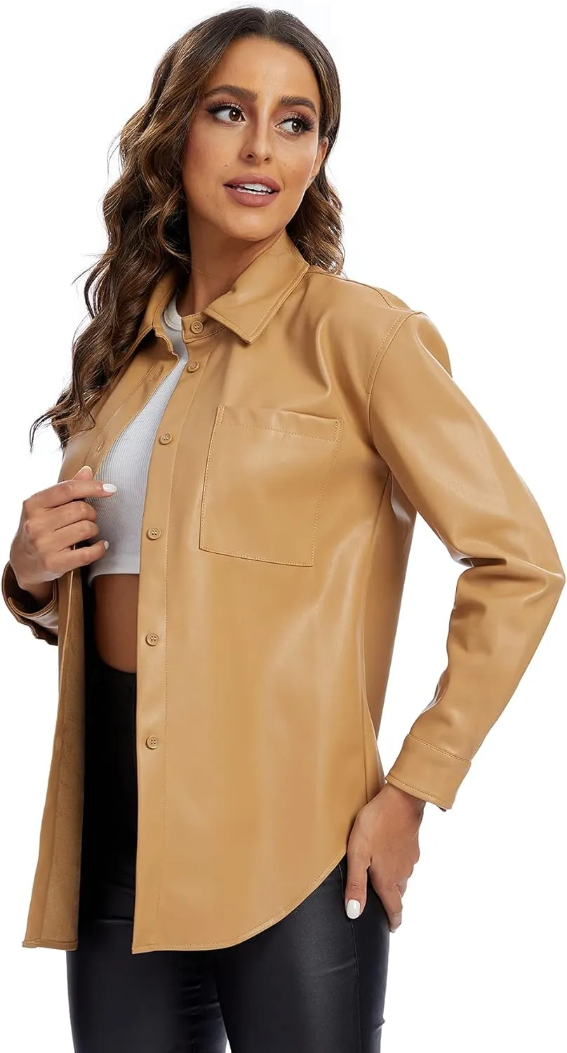 S P Y M Women Faux Leather Jacket Soft Button Down Shirt Shacket with Pocket, Regular and Plus Size