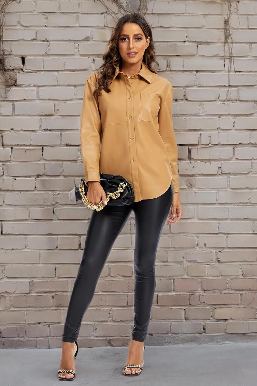 S P Y M Women Faux Leather Jacket Soft Button Down Shirt Shacket with Pocket, Regular and Plus Size