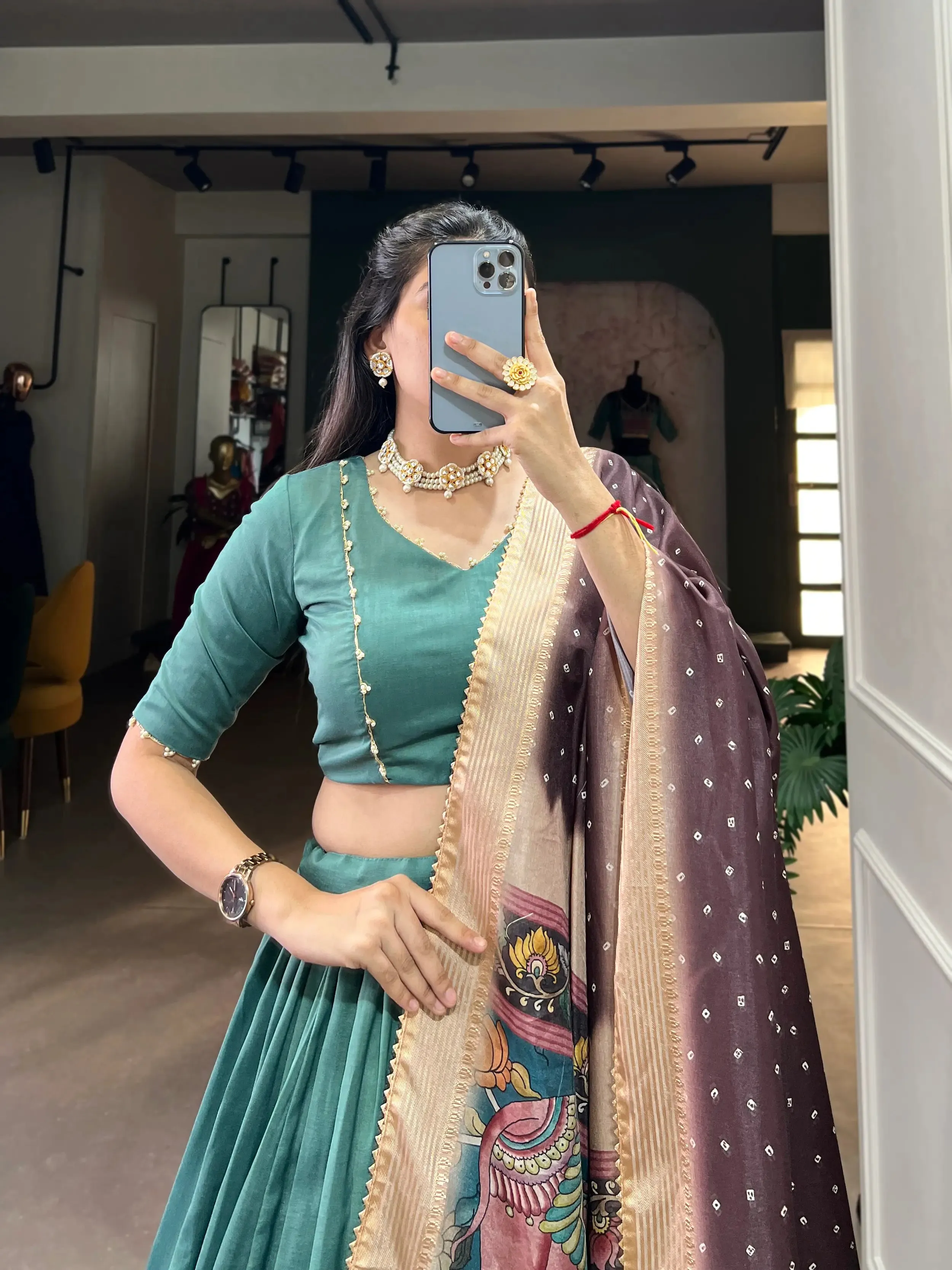 Sea Green Chinnon Silk Lehenga Choli