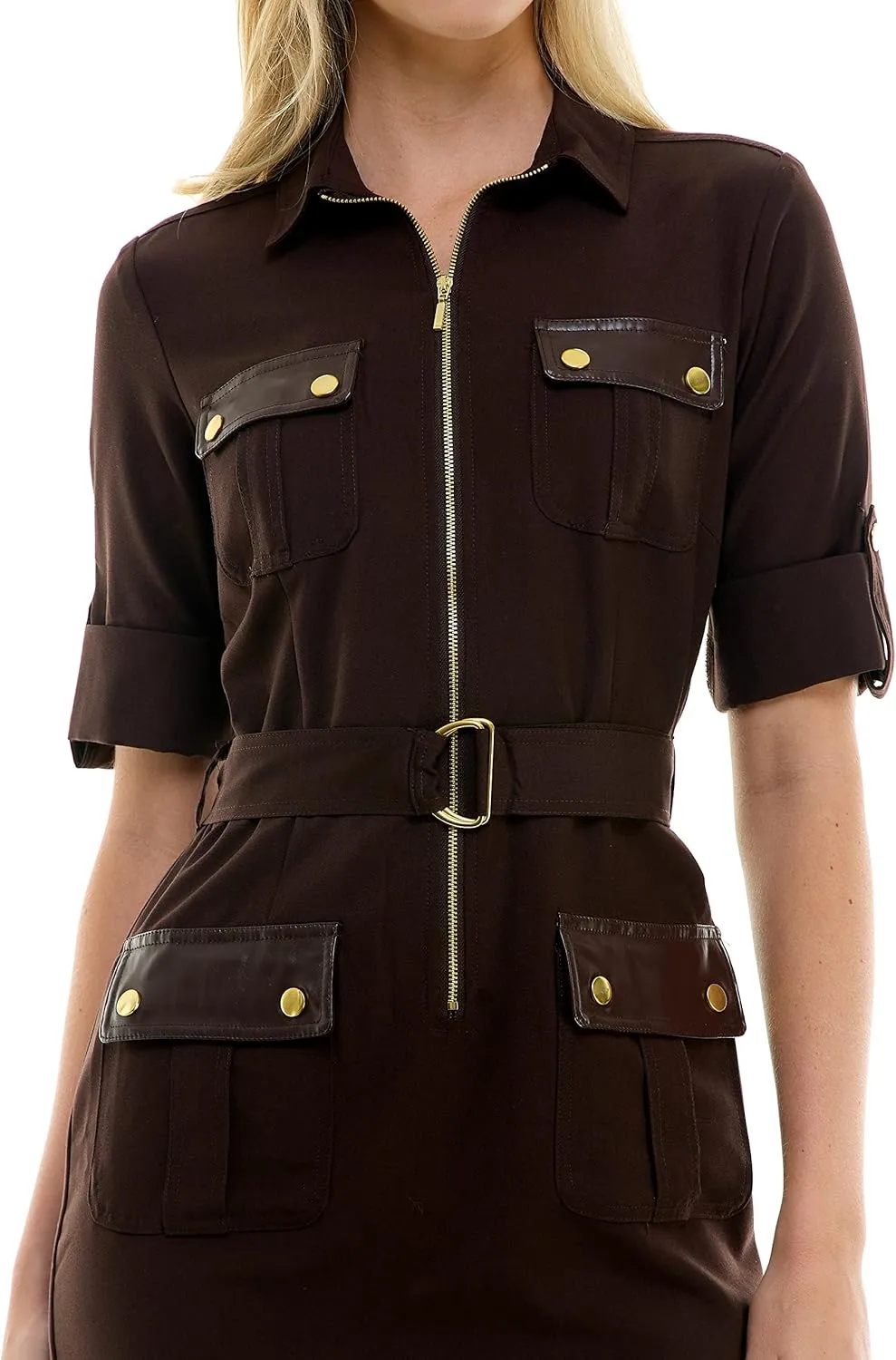 Sharagano Women's Short Sleeve Casual Shirt Dress with Front Pockets
