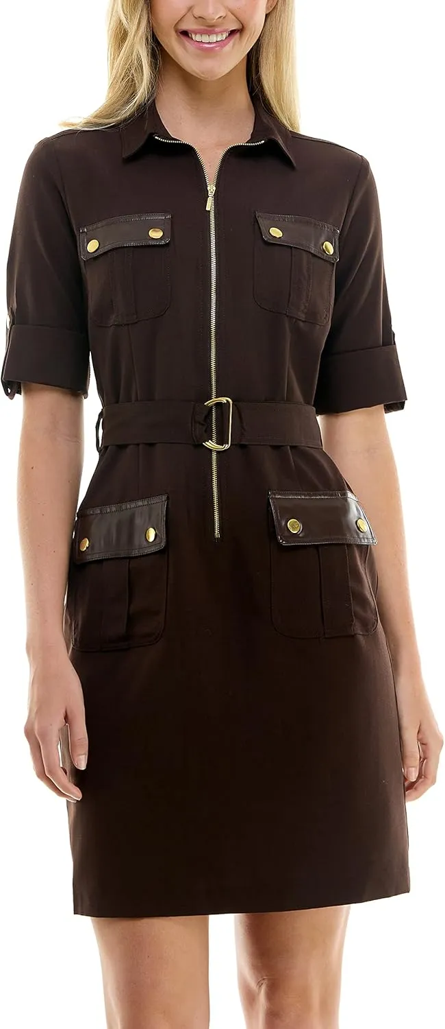 Sharagano Women's Short Sleeve Casual Shirt Dress with Front Pockets