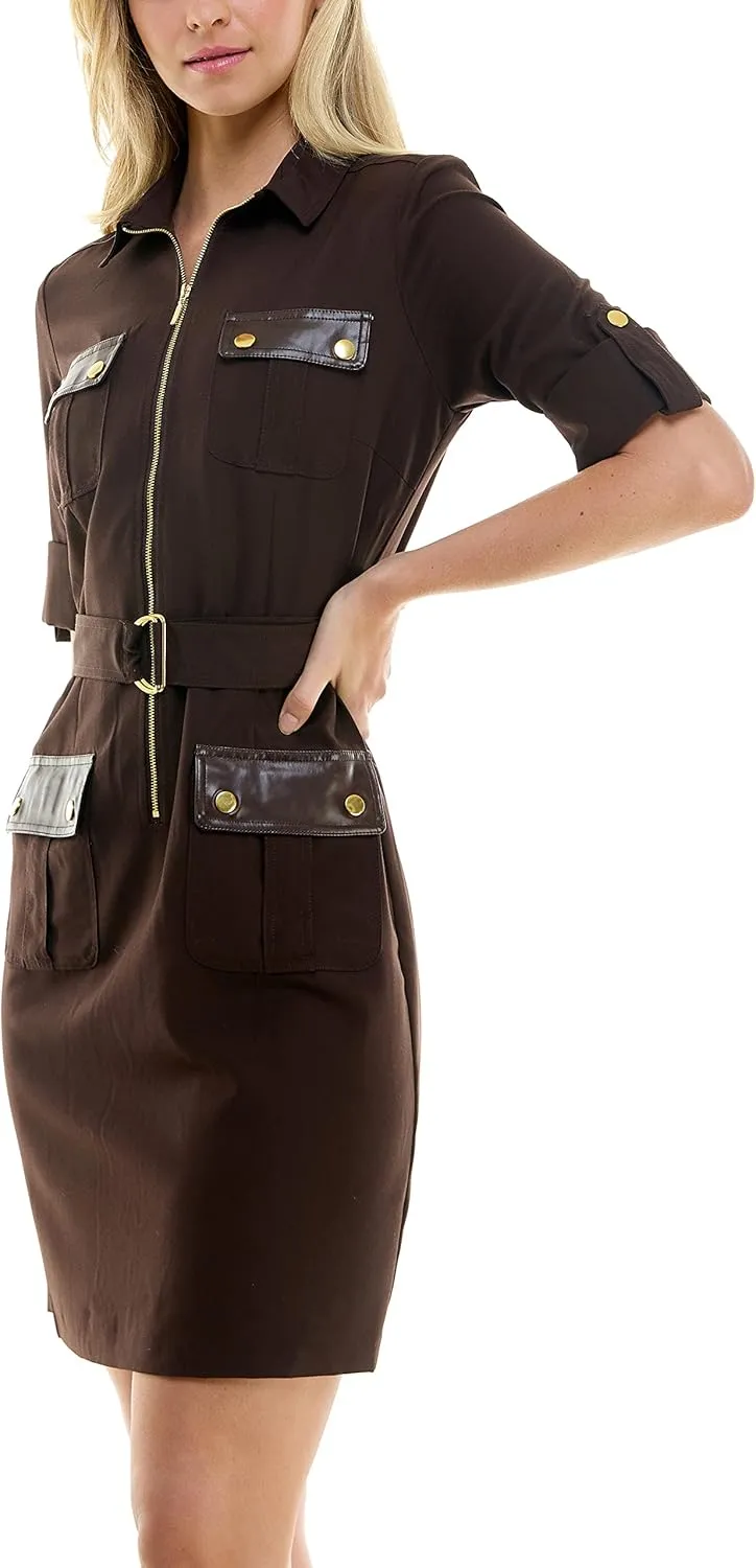 Sharagano Women's Short Sleeve Casual Shirt Dress with Front Pockets