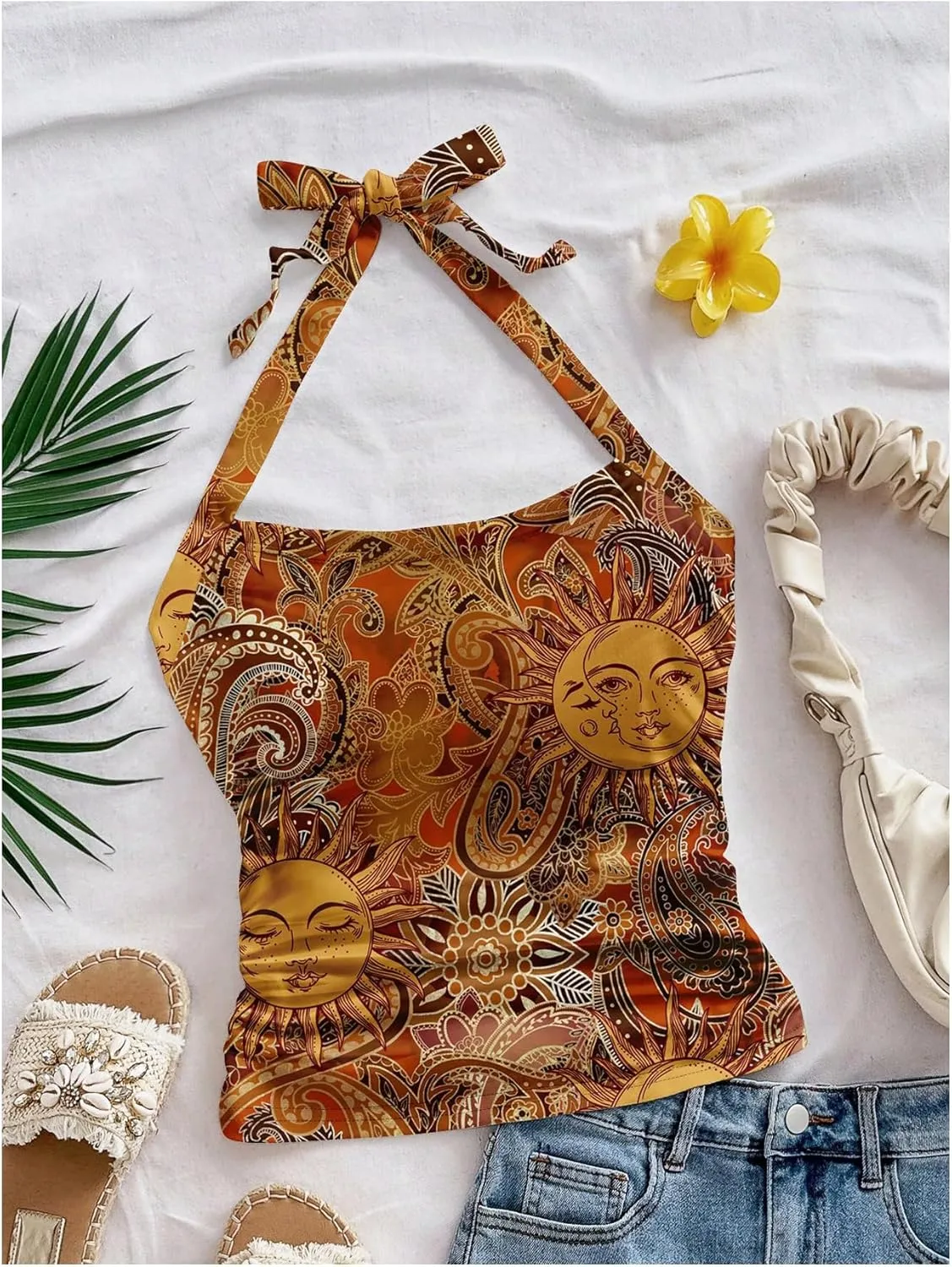 SHENHE Women's Boho Halter Neck Tie Backless Slim Fit Summer Vacation Hippie Crop Top Tank