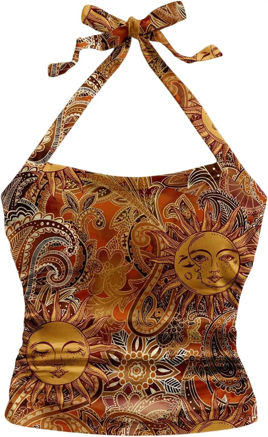 SHENHE Women's Boho Halter Neck Tie Backless Slim Fit Summer Vacation Hippie Crop Top Tank