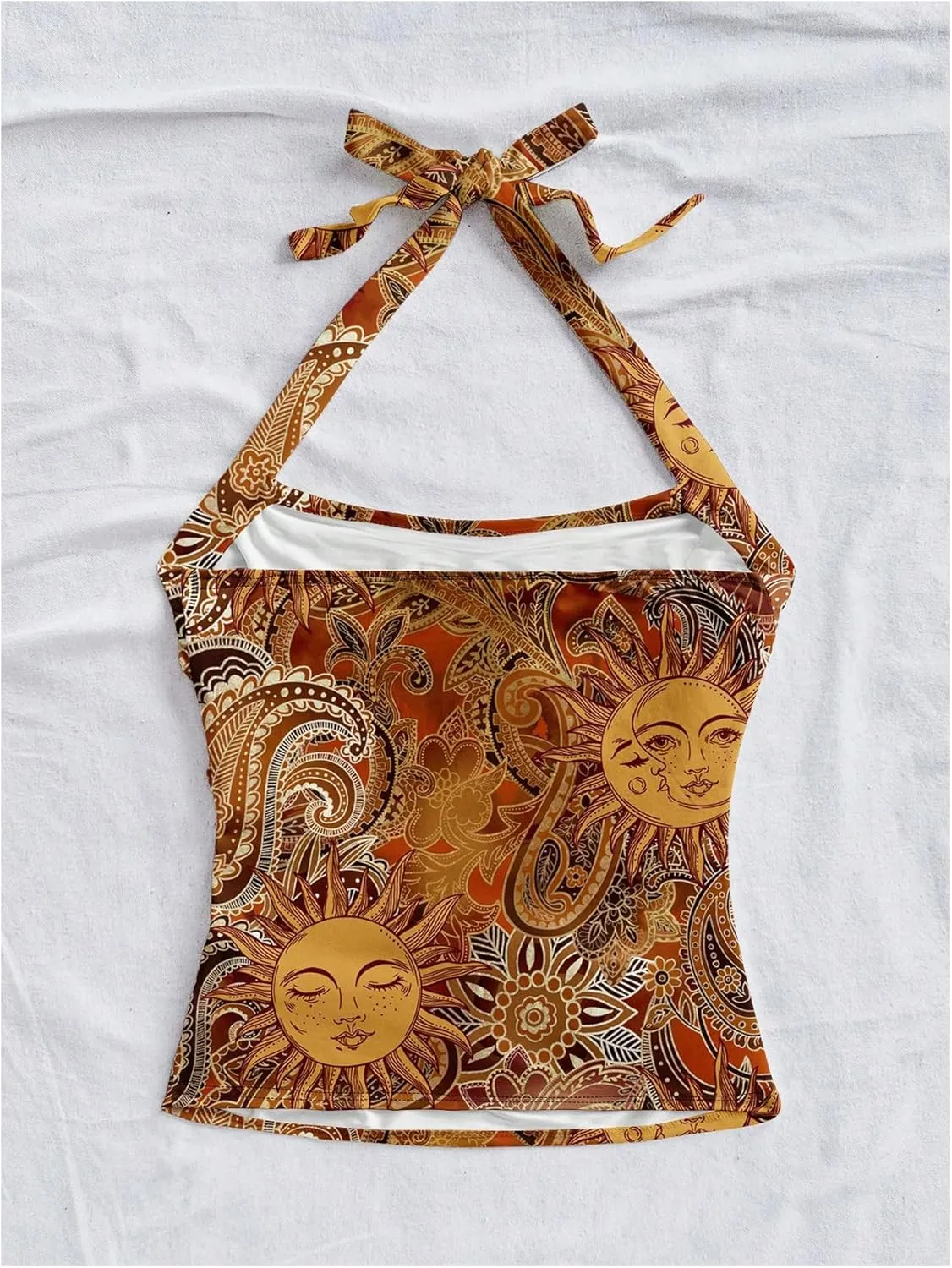 SHENHE Women's Boho Halter Neck Tie Backless Slim Fit Summer Vacation Hippie Crop Top Tank