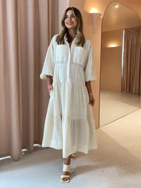 Shona Joy Poppy Balloon Sleeve Tiered Midi Dress In Buttermilk