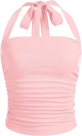 SOLY HUX Women's Ruched Halter Y2K Crop Tops Tie Back Sleeveless Slim Fit Cami Tops