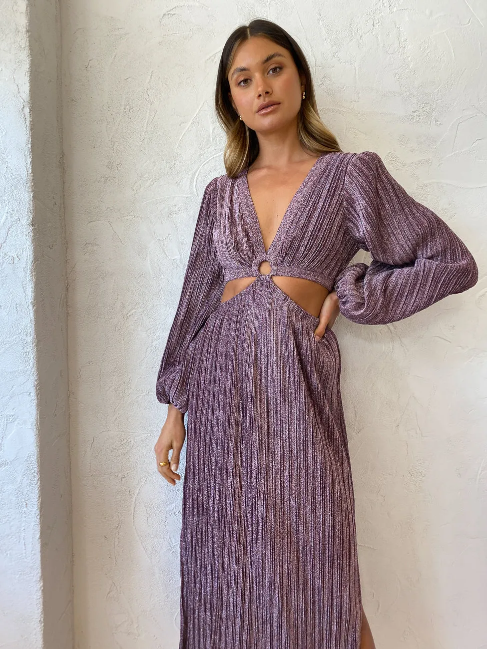Suboo Ana Balloon Sleeve Maxi Dress in Pink Metallic