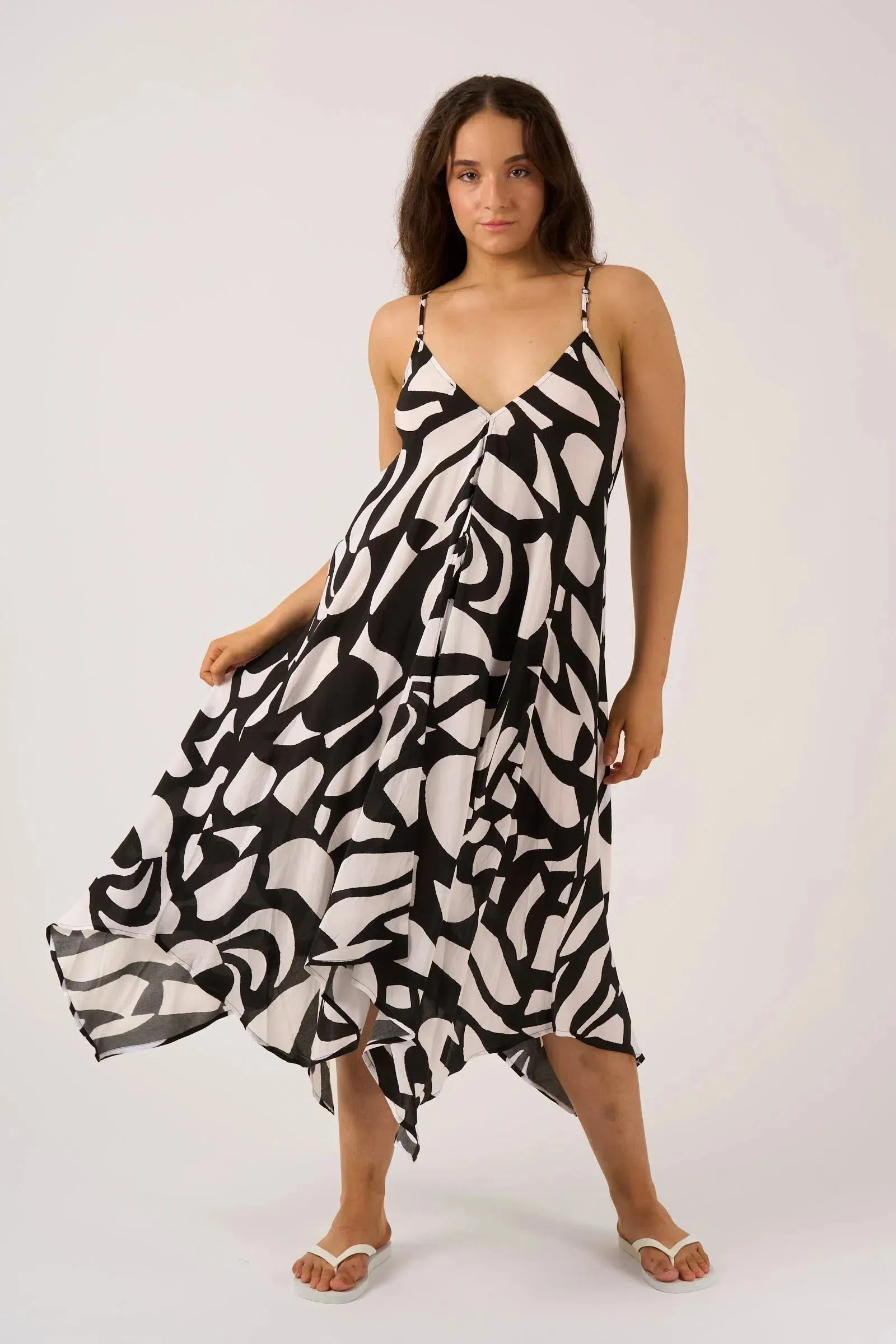 Sustainable Viscose Hanky Hem Dress - Black Geo Waves