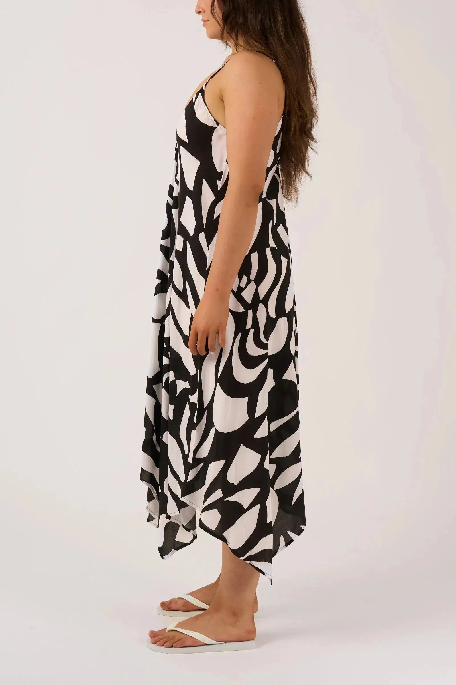 Sustainable Viscose Hanky Hem Dress - Black Geo Waves