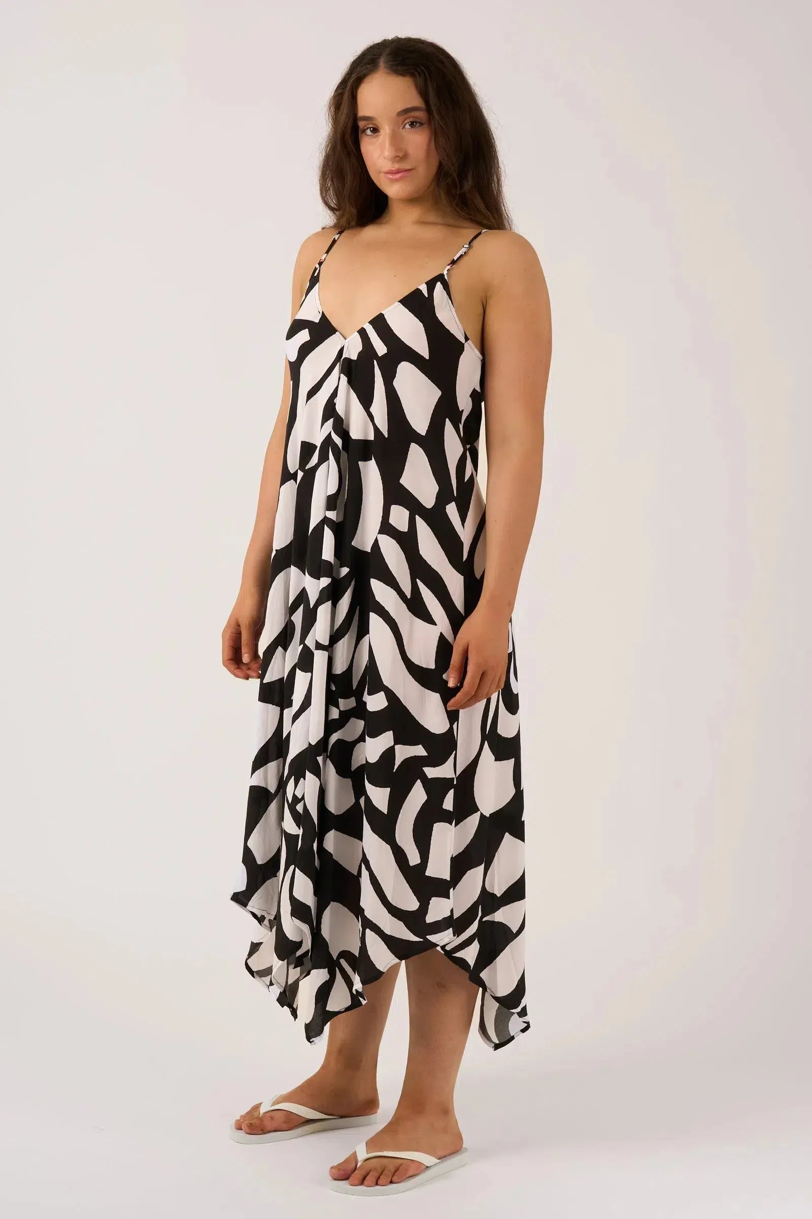 Sustainable Viscose Hanky Hem Dress - Black Geo Waves