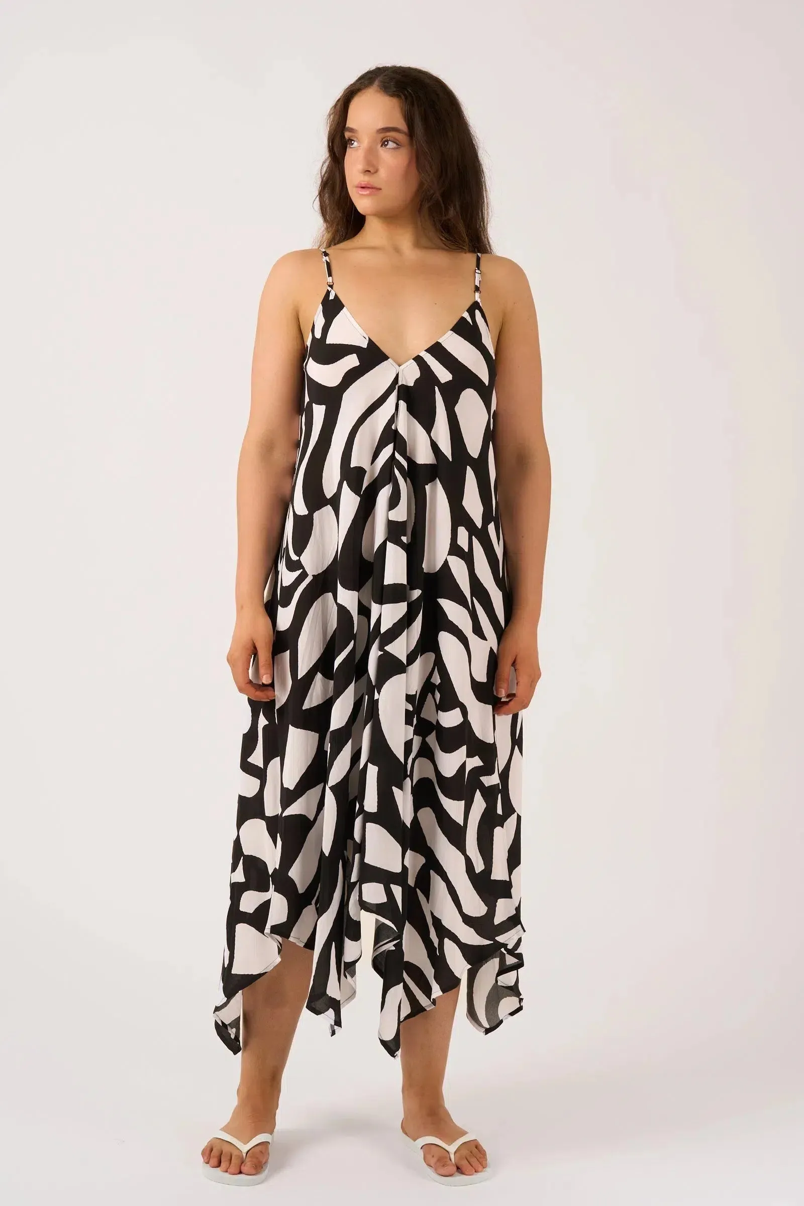 Sustainable Viscose Hanky Hem Dress - Black Geo Waves