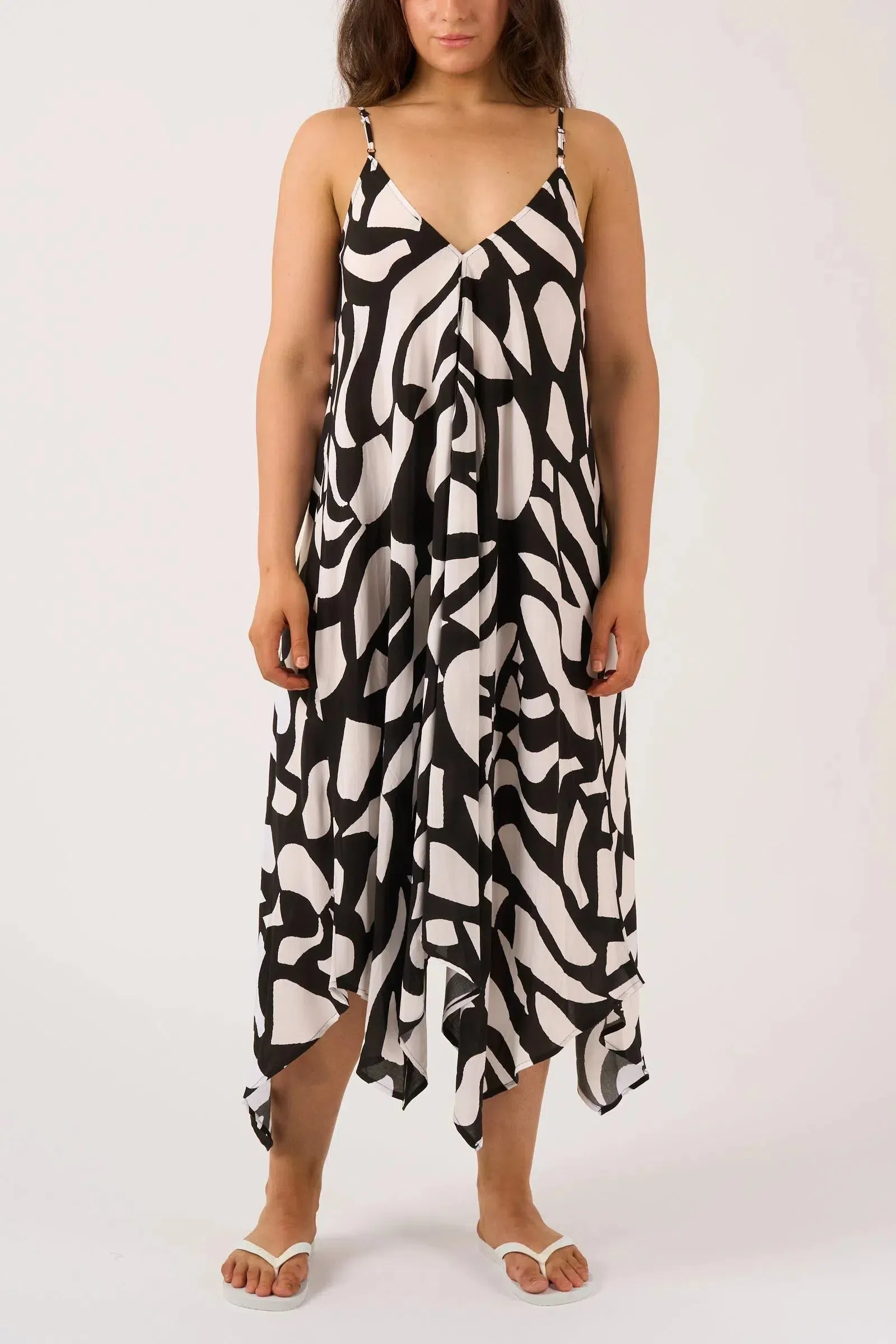 Sustainable Viscose Hanky Hem Dress - Black Geo Waves