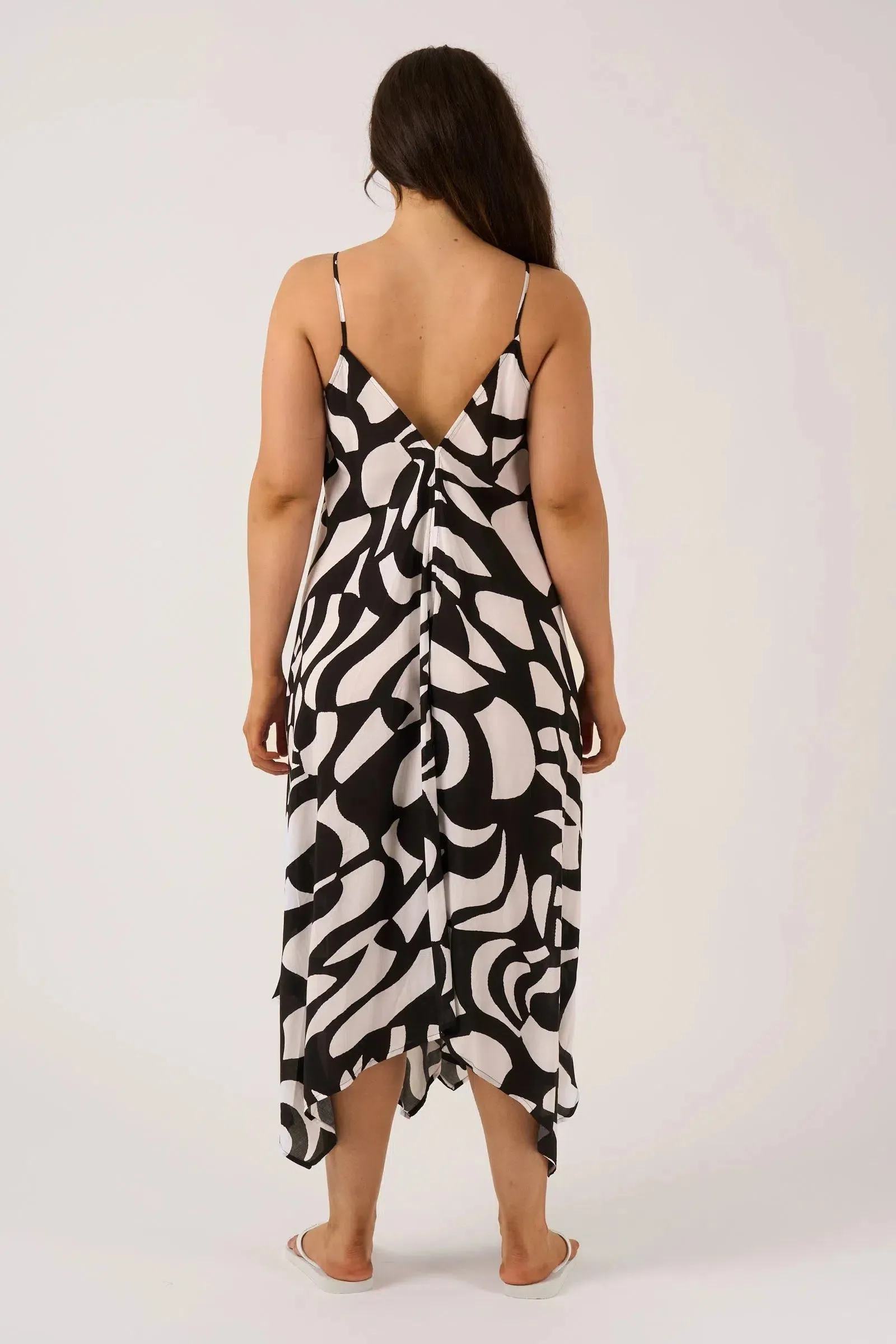 Sustainable Viscose Hanky Hem Dress - Black Geo Waves