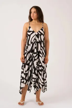 Sustainable Viscose Hanky Hem Dress - Black Geo Waves