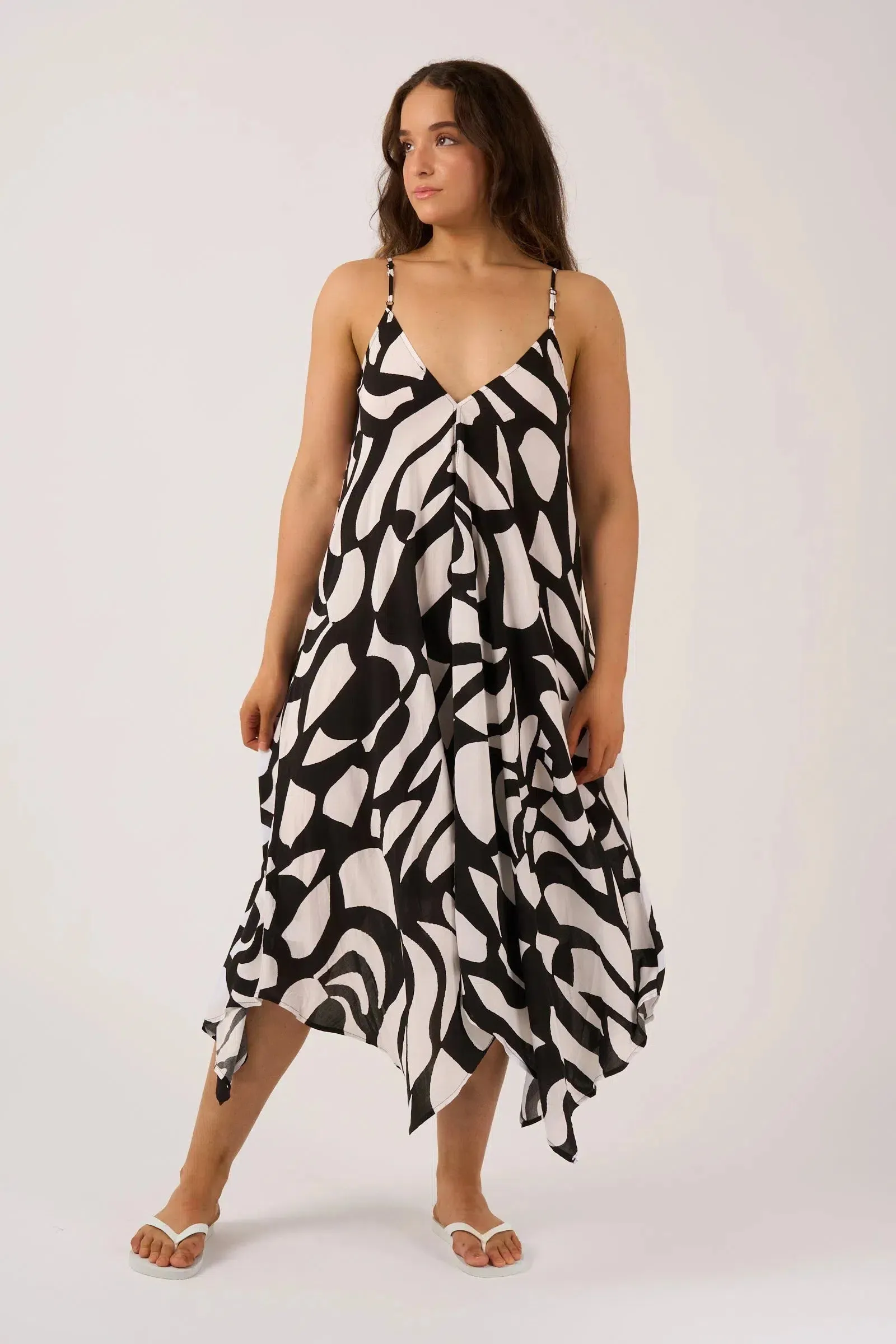 Sustainable Viscose Hanky Hem Dress - Black Geo Waves
