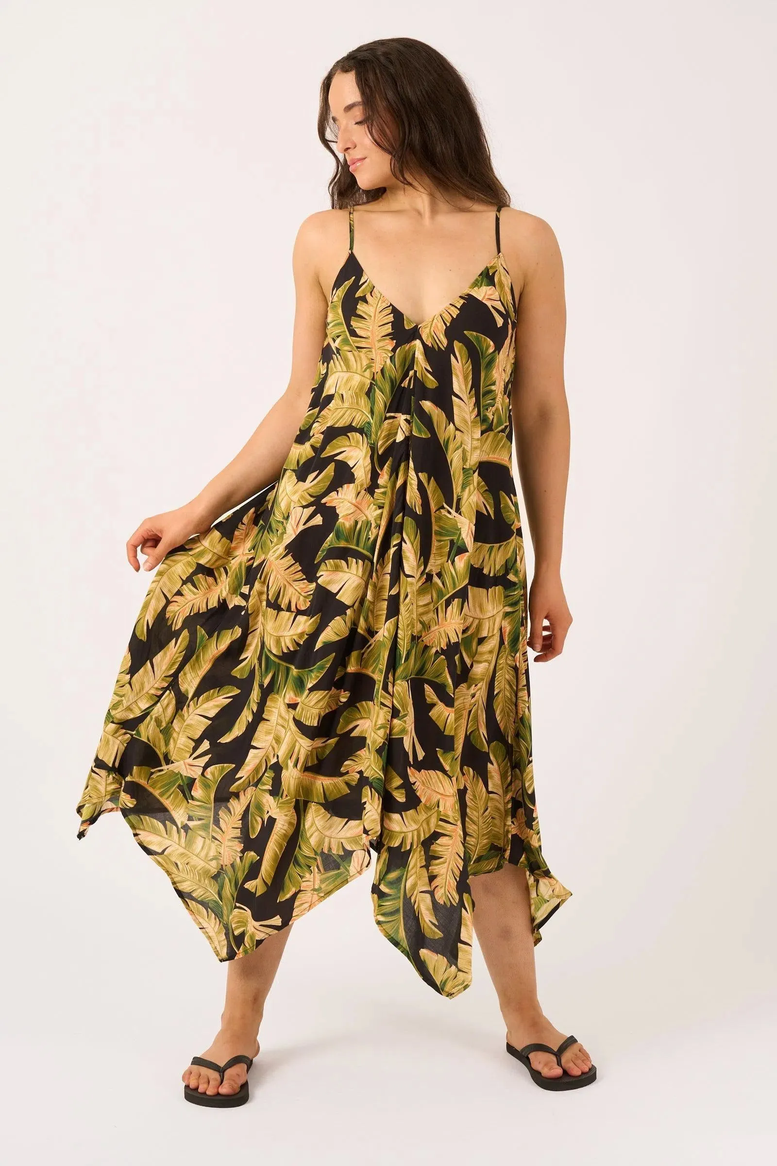 Sustainable Viscose Hanky Hem Dress - Black Tropical Leaf