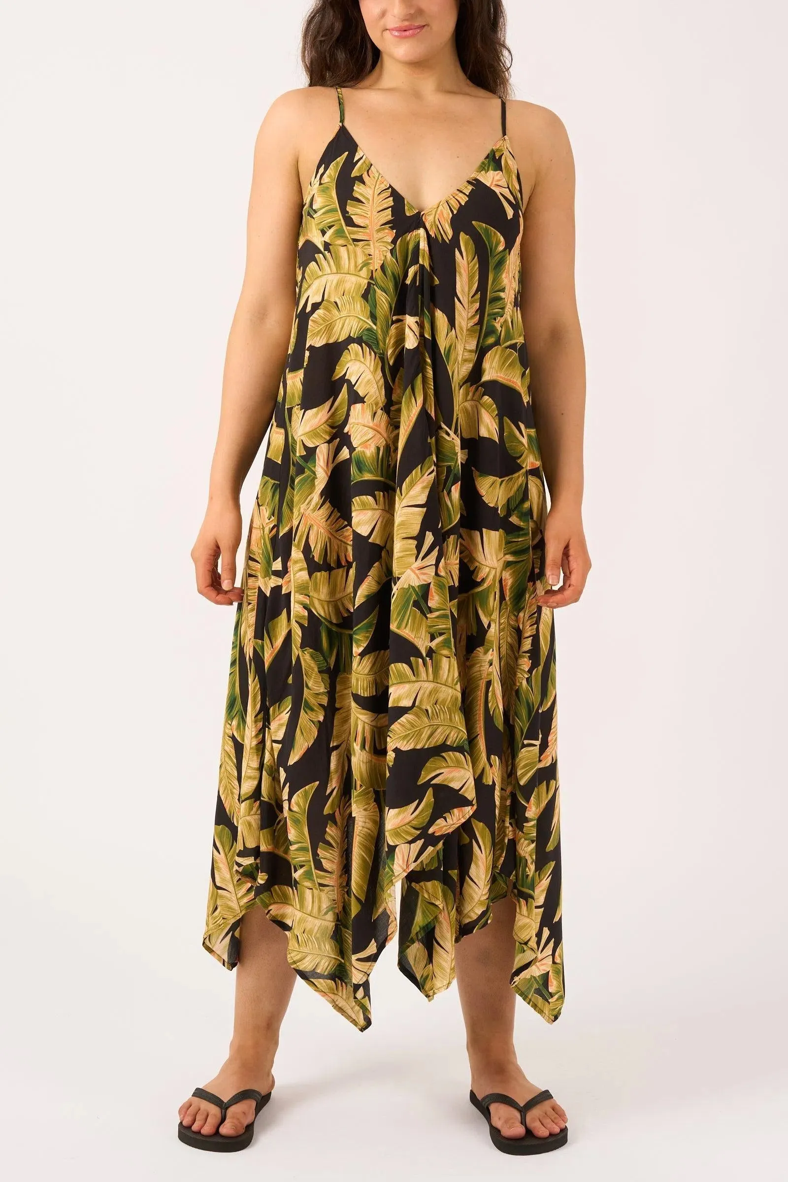 Sustainable Viscose Hanky Hem Dress - Black Tropical Leaf