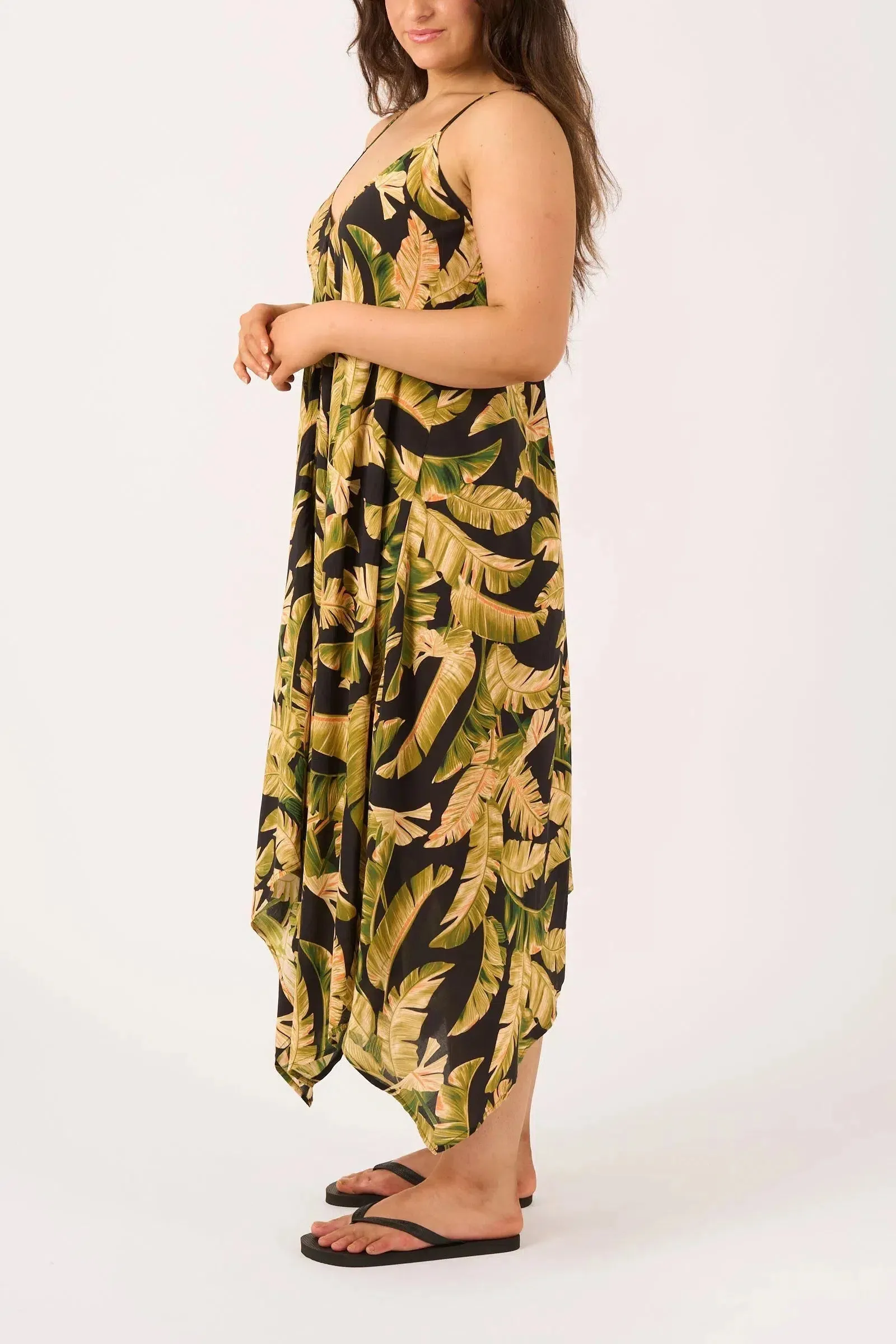 Sustainable Viscose Hanky Hem Dress - Black Tropical Leaf