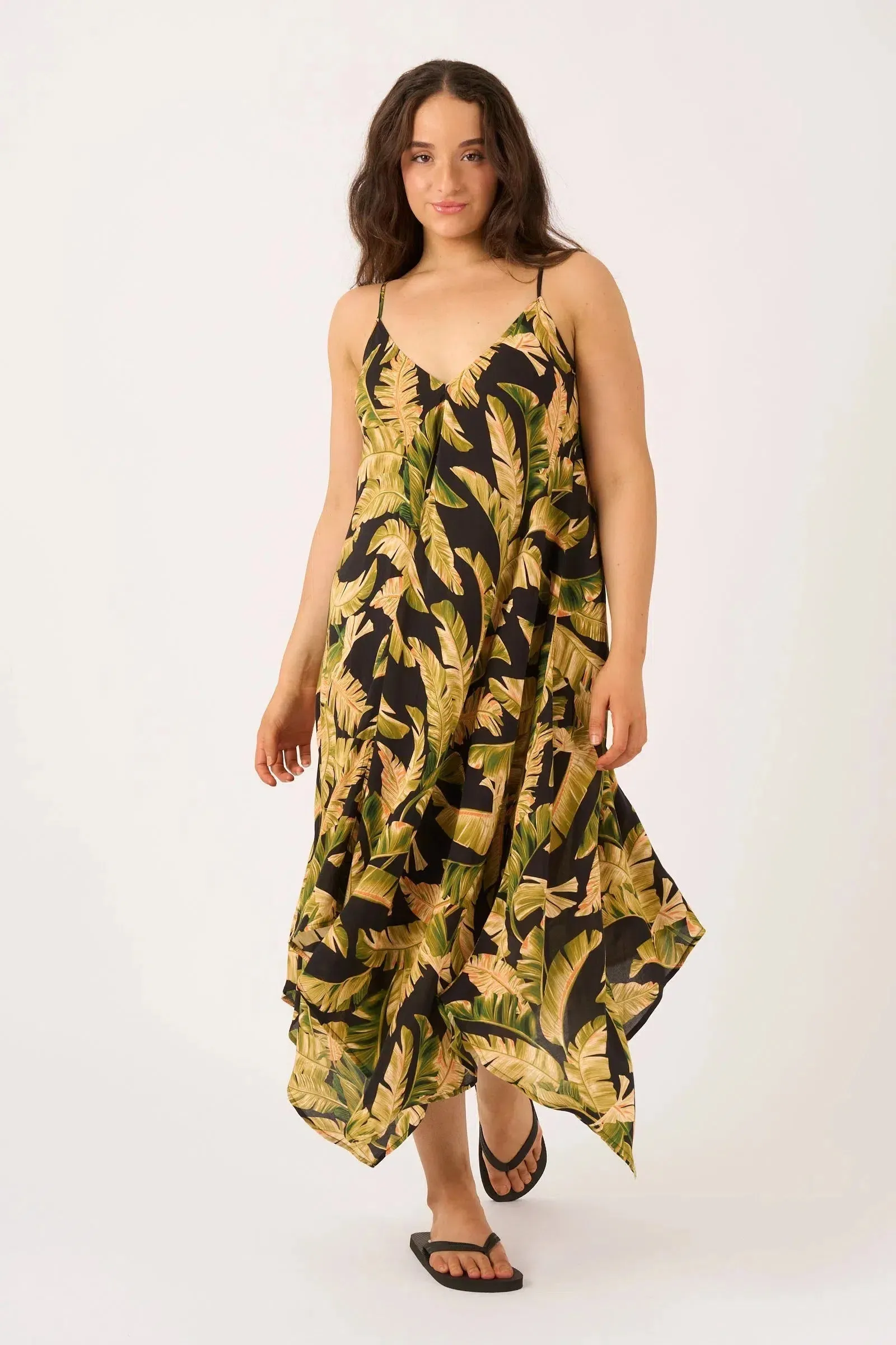 Sustainable Viscose Hanky Hem Dress - Black Tropical Leaf