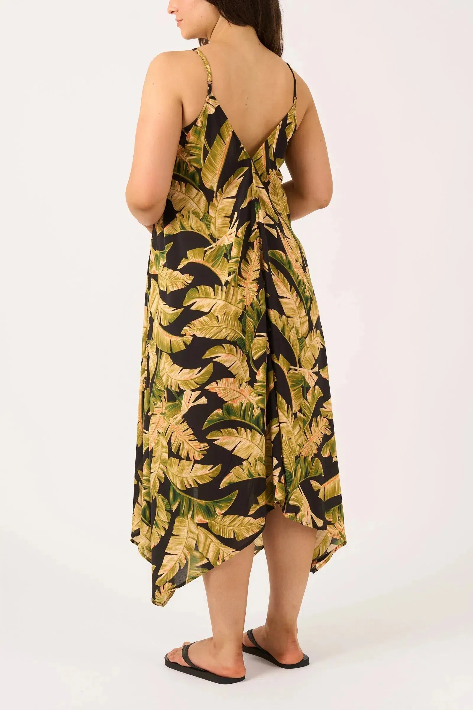 Sustainable Viscose Hanky Hem Dress - Black Tropical Leaf