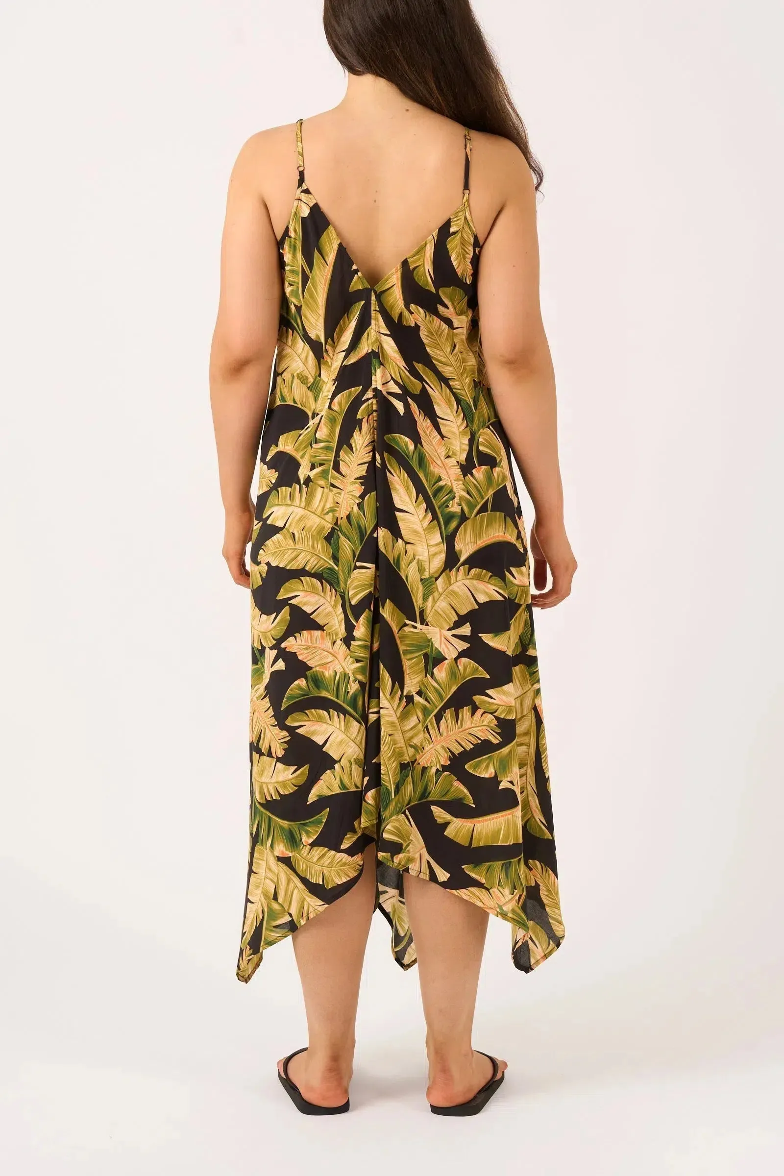 Sustainable Viscose Hanky Hem Dress - Black Tropical Leaf