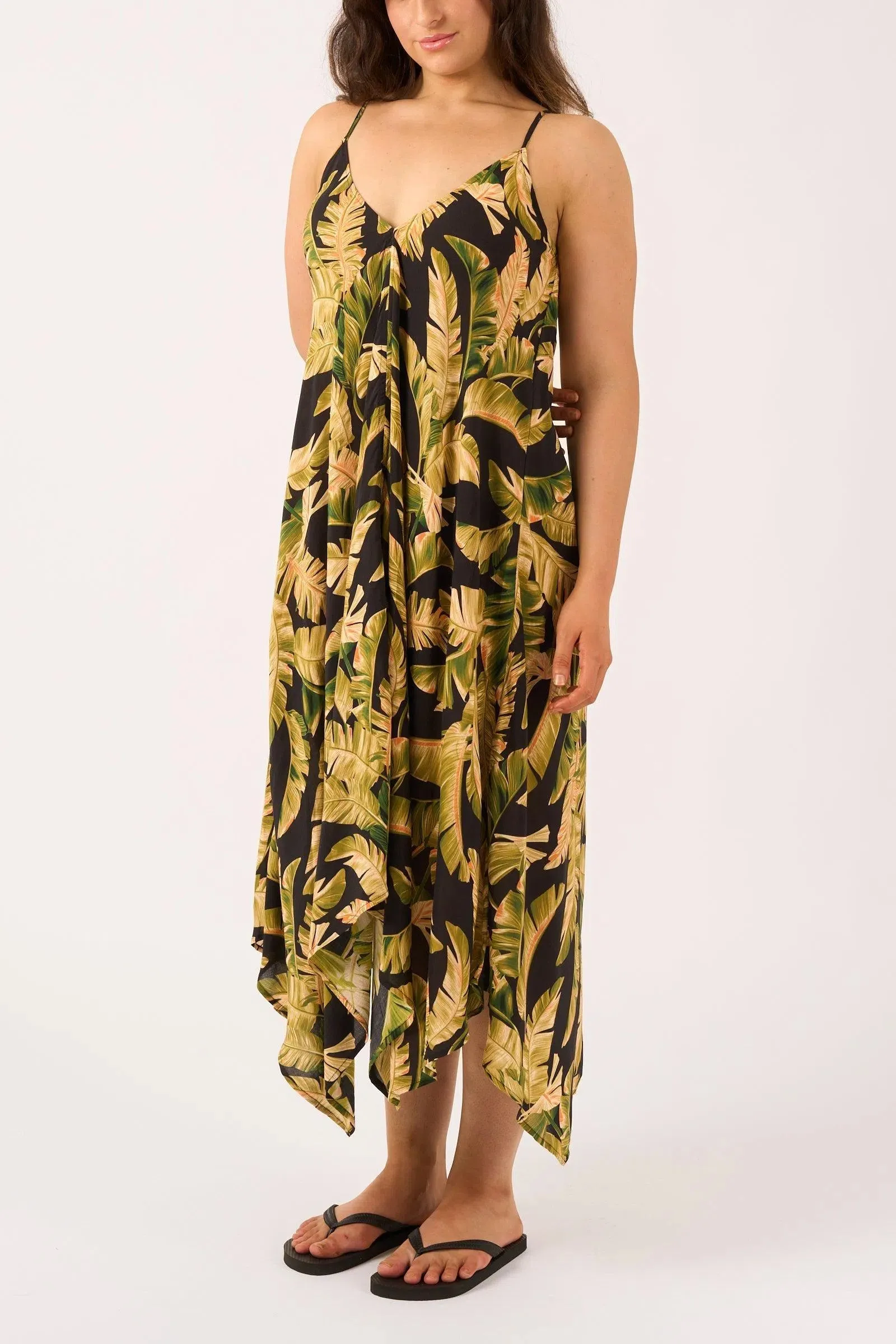 Sustainable Viscose Hanky Hem Dress - Black Tropical Leaf