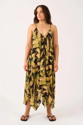 Sustainable Viscose Hanky Hem Dress - Black Tropical Leaf