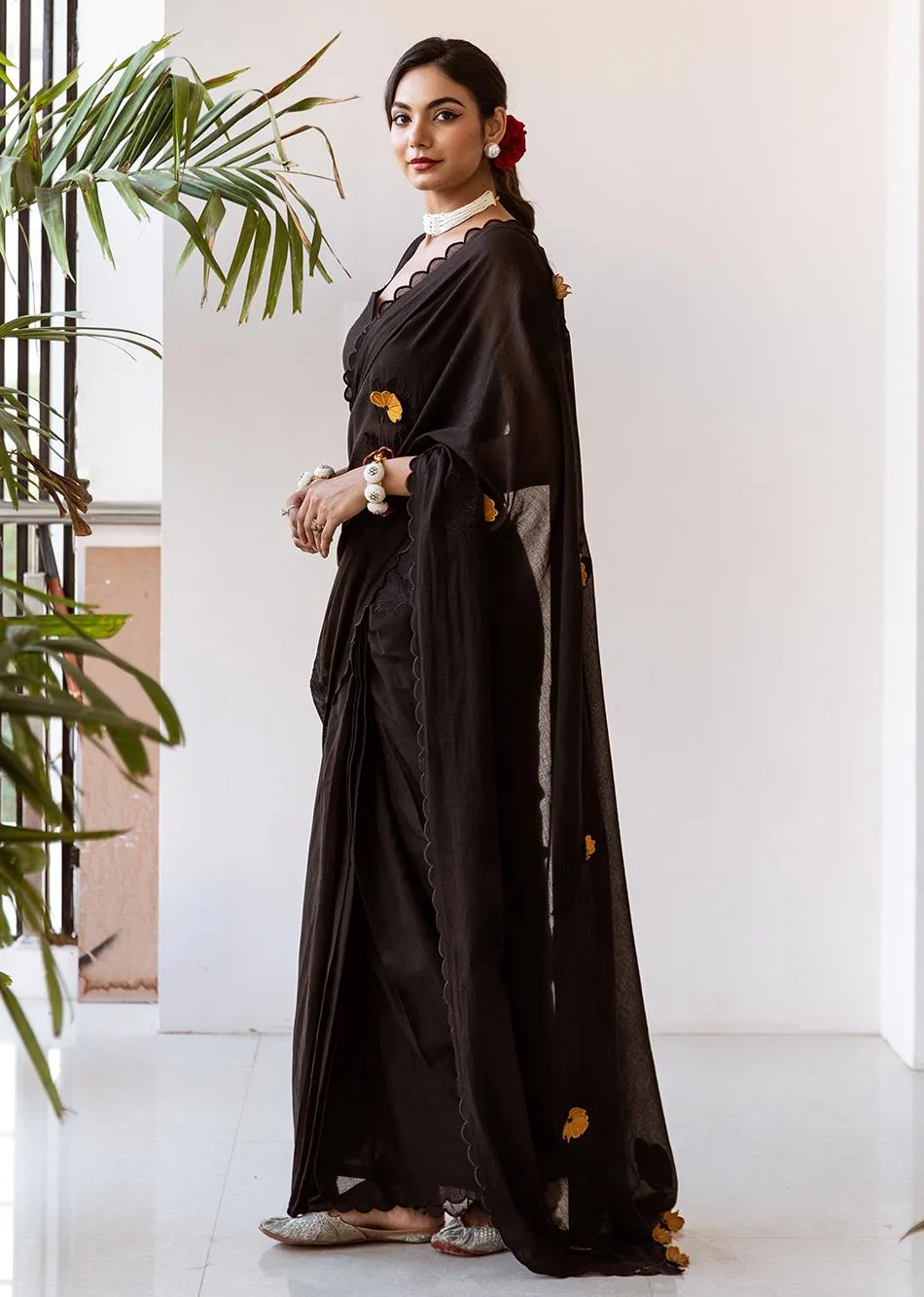 Tara Black Embossed Embroidered Pre-Draped Saree