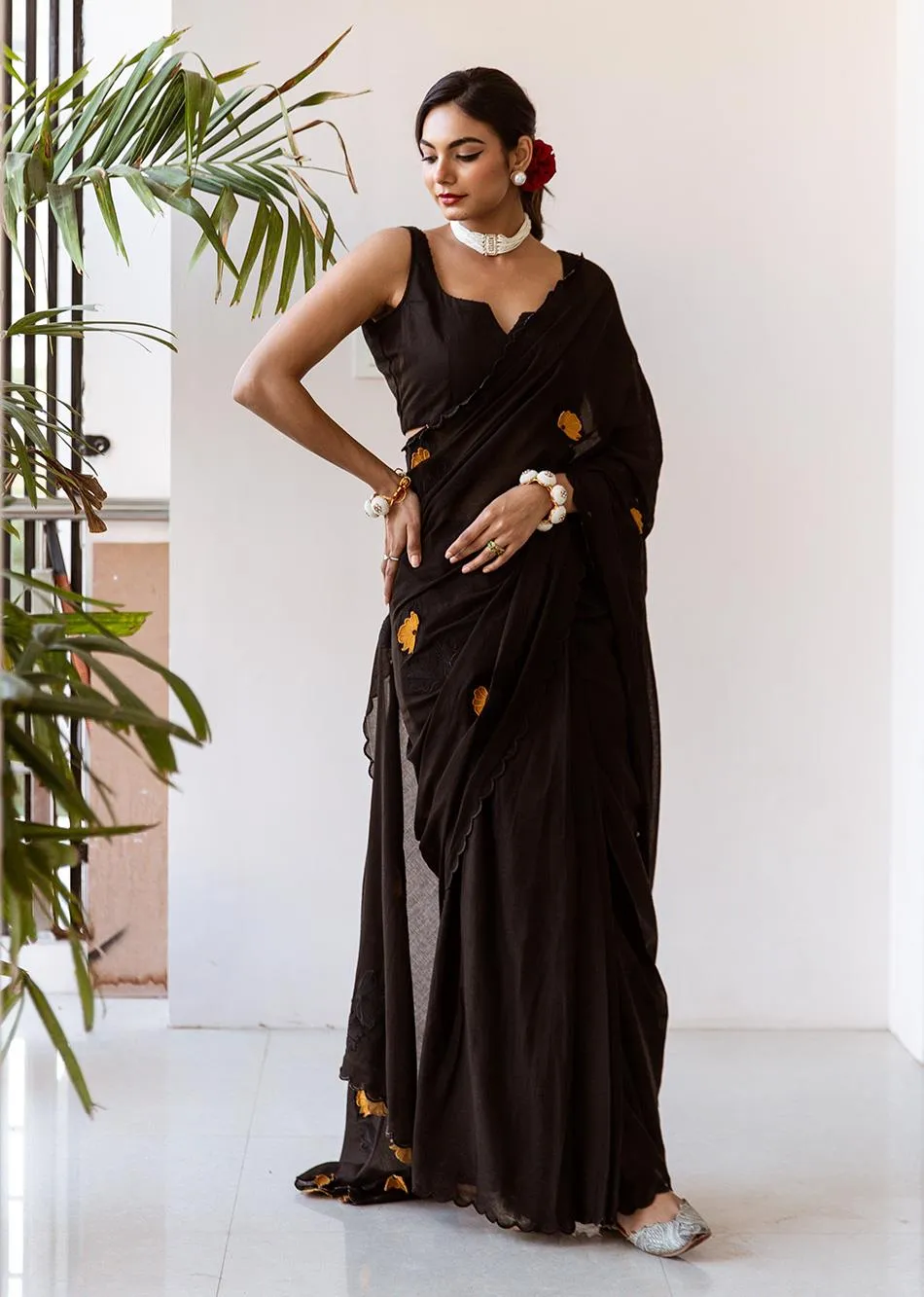 Tara Black Embossed Embroidered Pre-Draped Saree