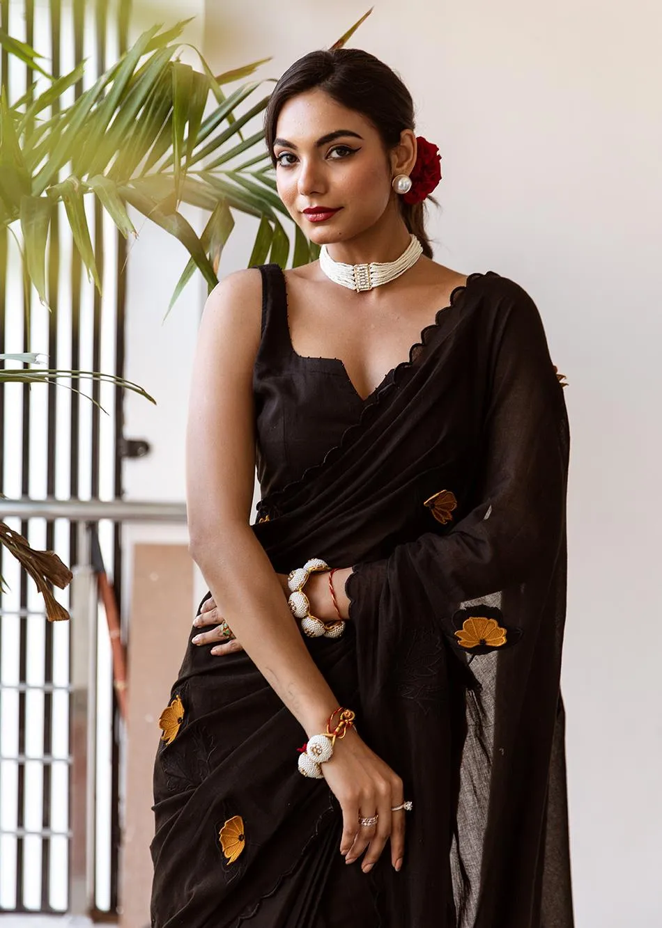 Tara Black Embossed Embroidered Pre-Draped Saree