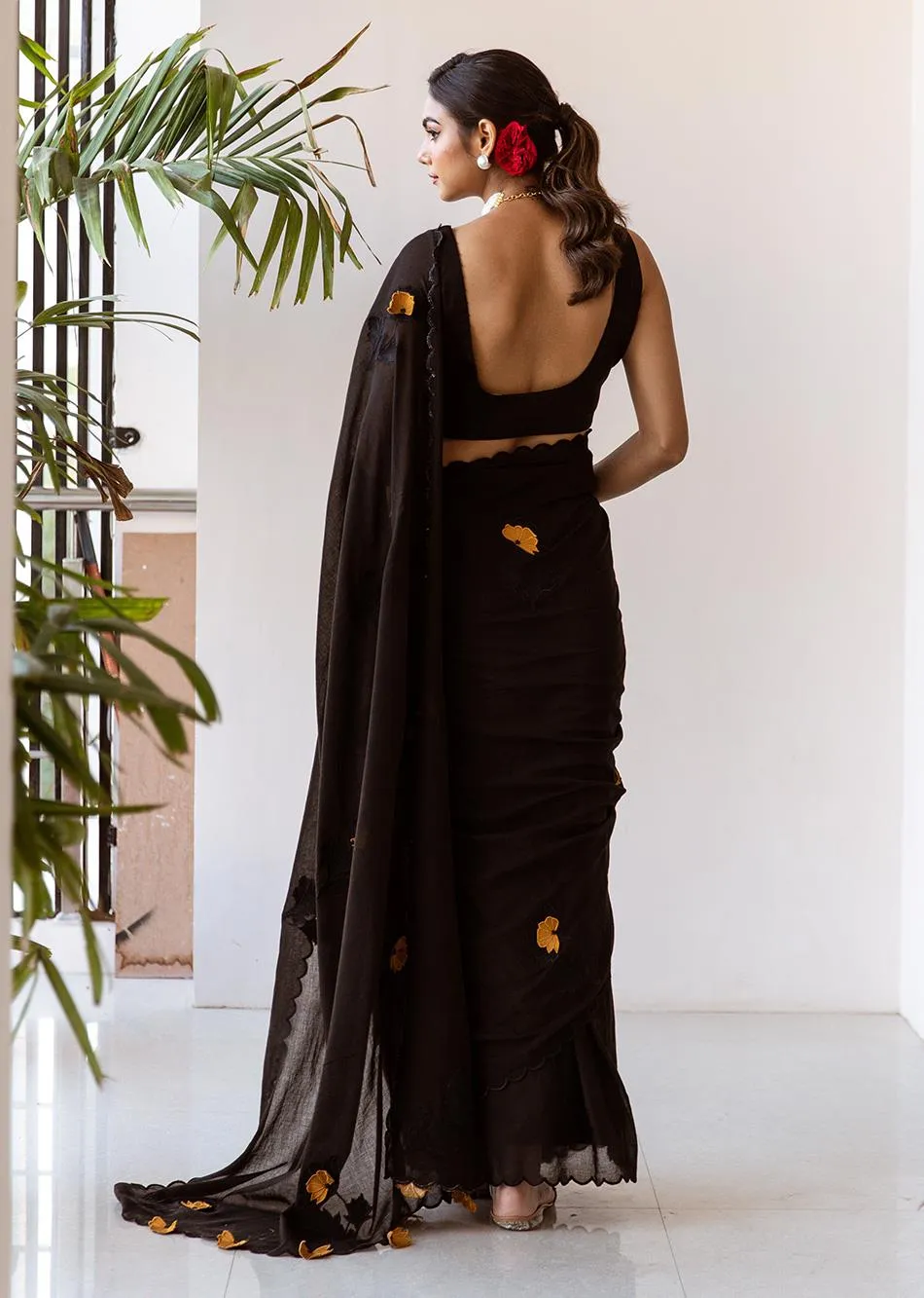Tara Black Embossed Embroidered Pre-Draped Saree