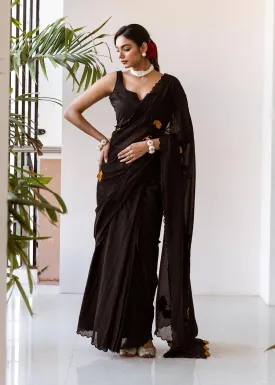 Tara Black Embossed Embroidered Pre-Draped Saree