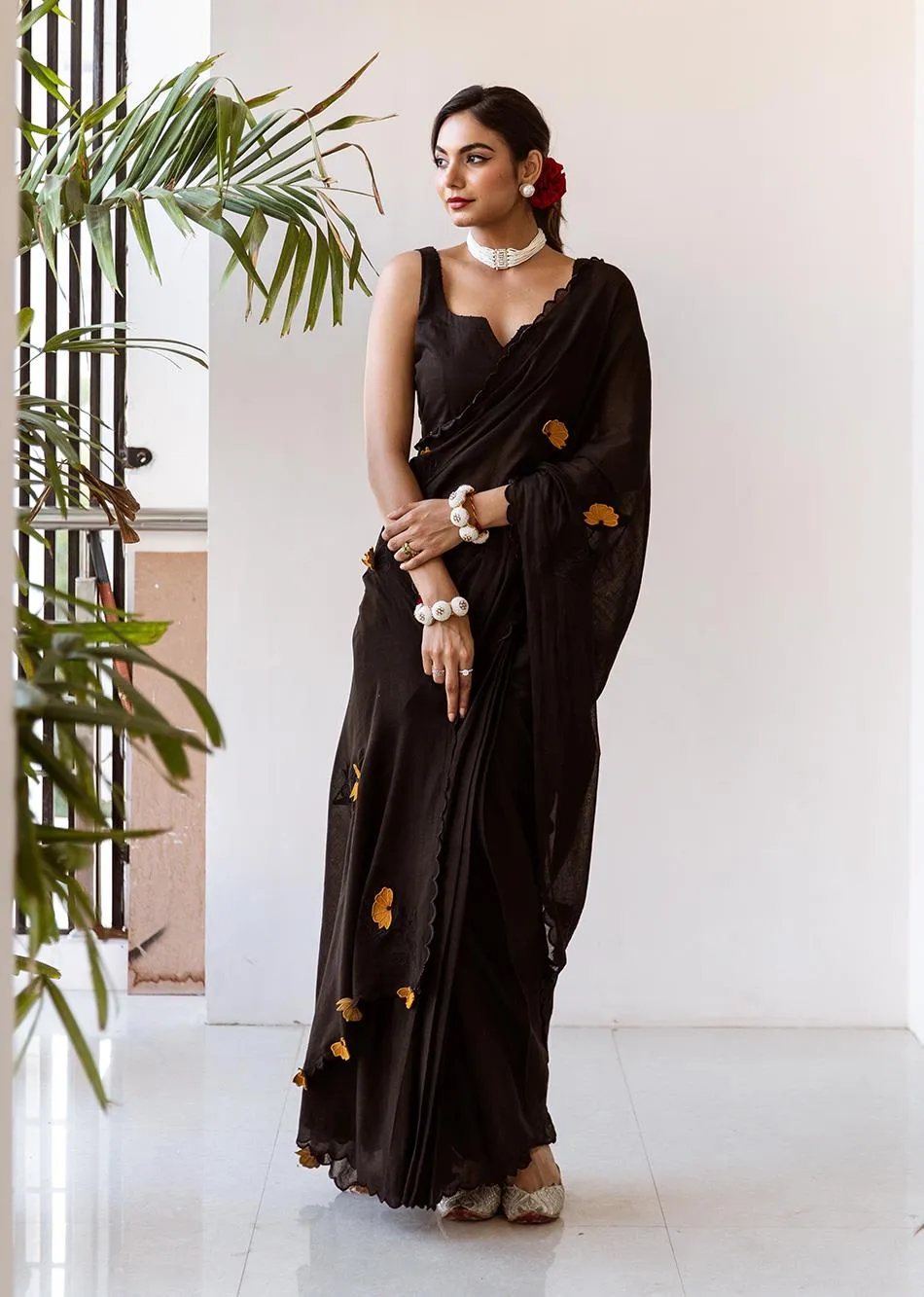 Tara Black Embossed Embroidered Pre-Draped Saree