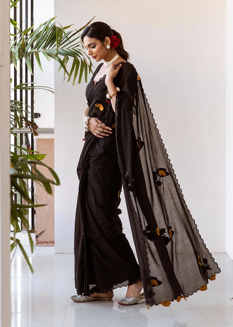 Tara Black Embossed Embroidered Pre-Draped Saree
