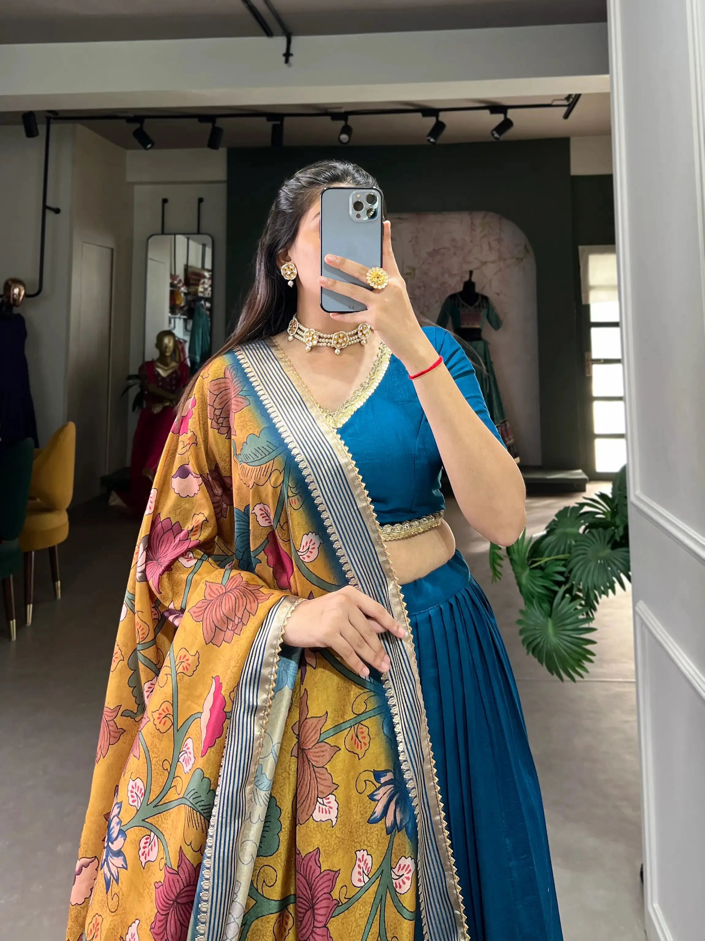 Teal Blue Chinnon Silk Lehenga Choli