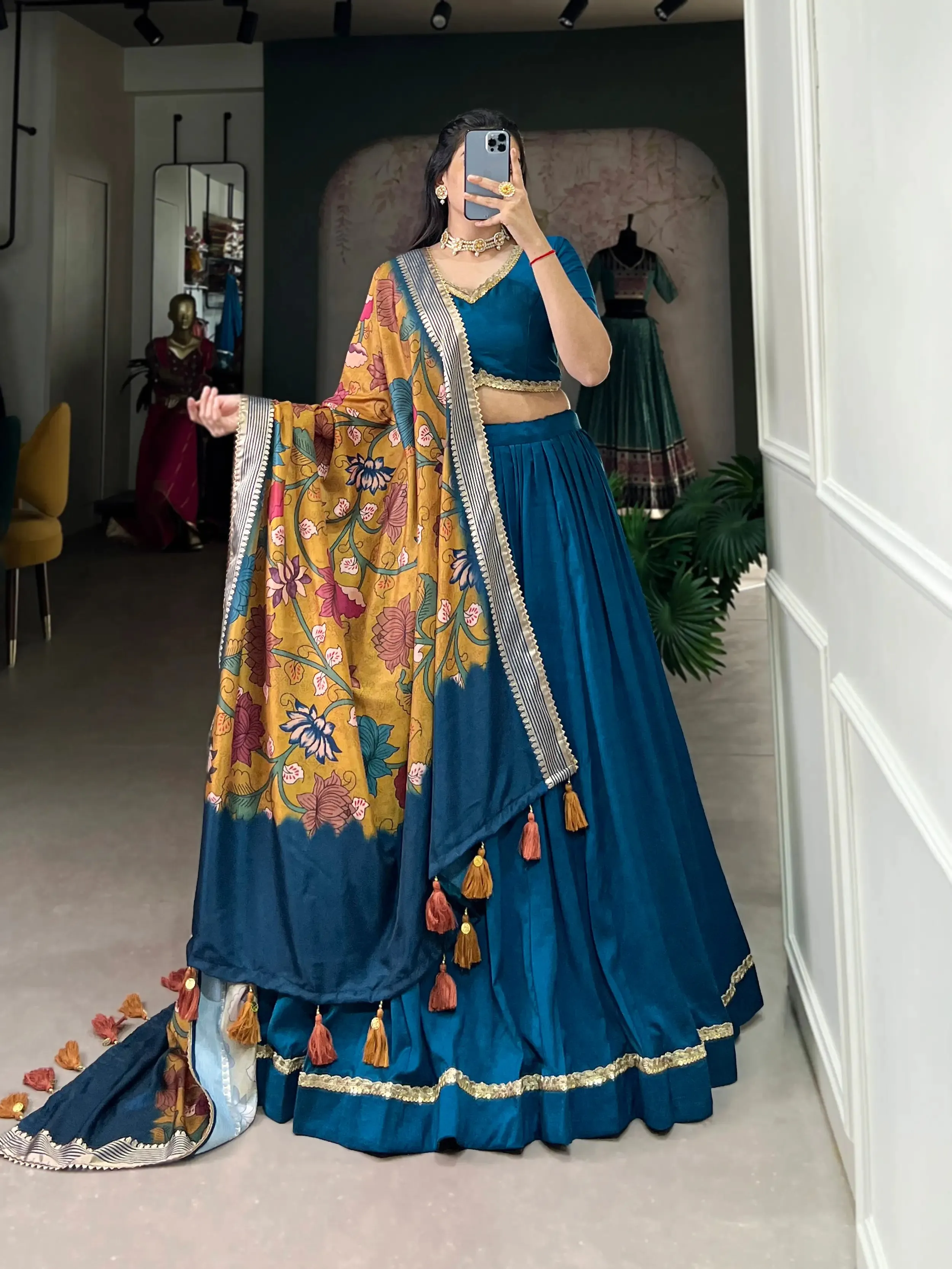 Teal Blue Chinnon Silk Lehenga Choli