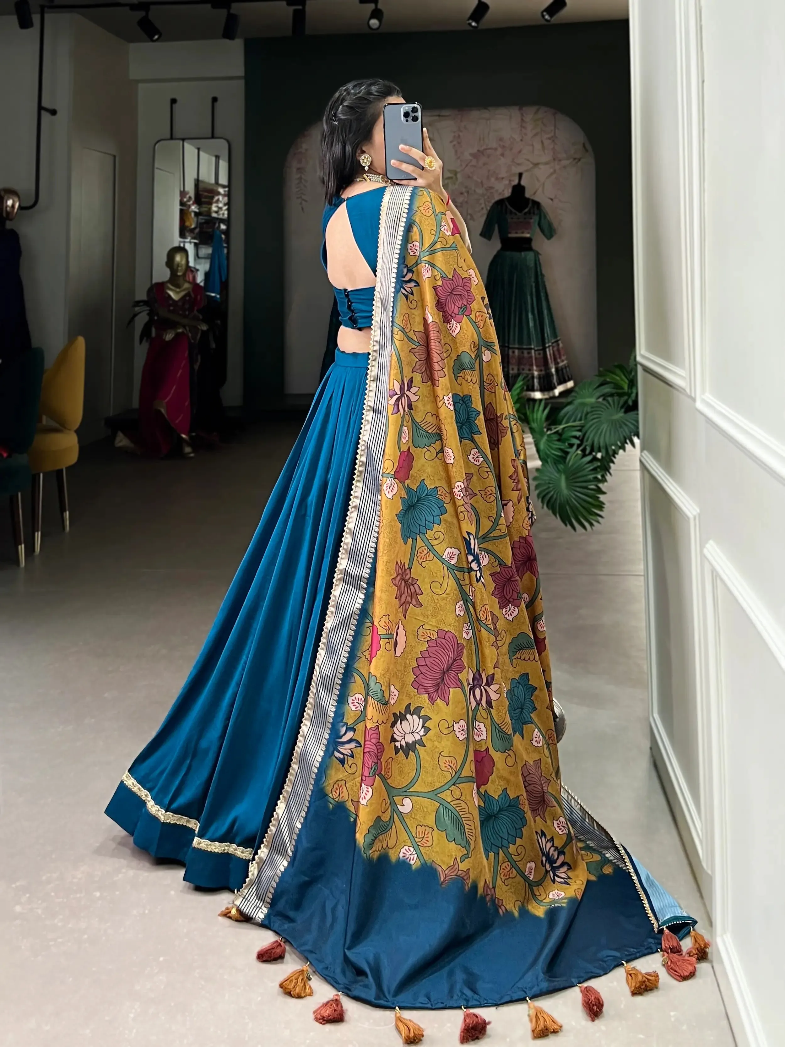 Teal Blue Chinnon Silk Lehenga Choli