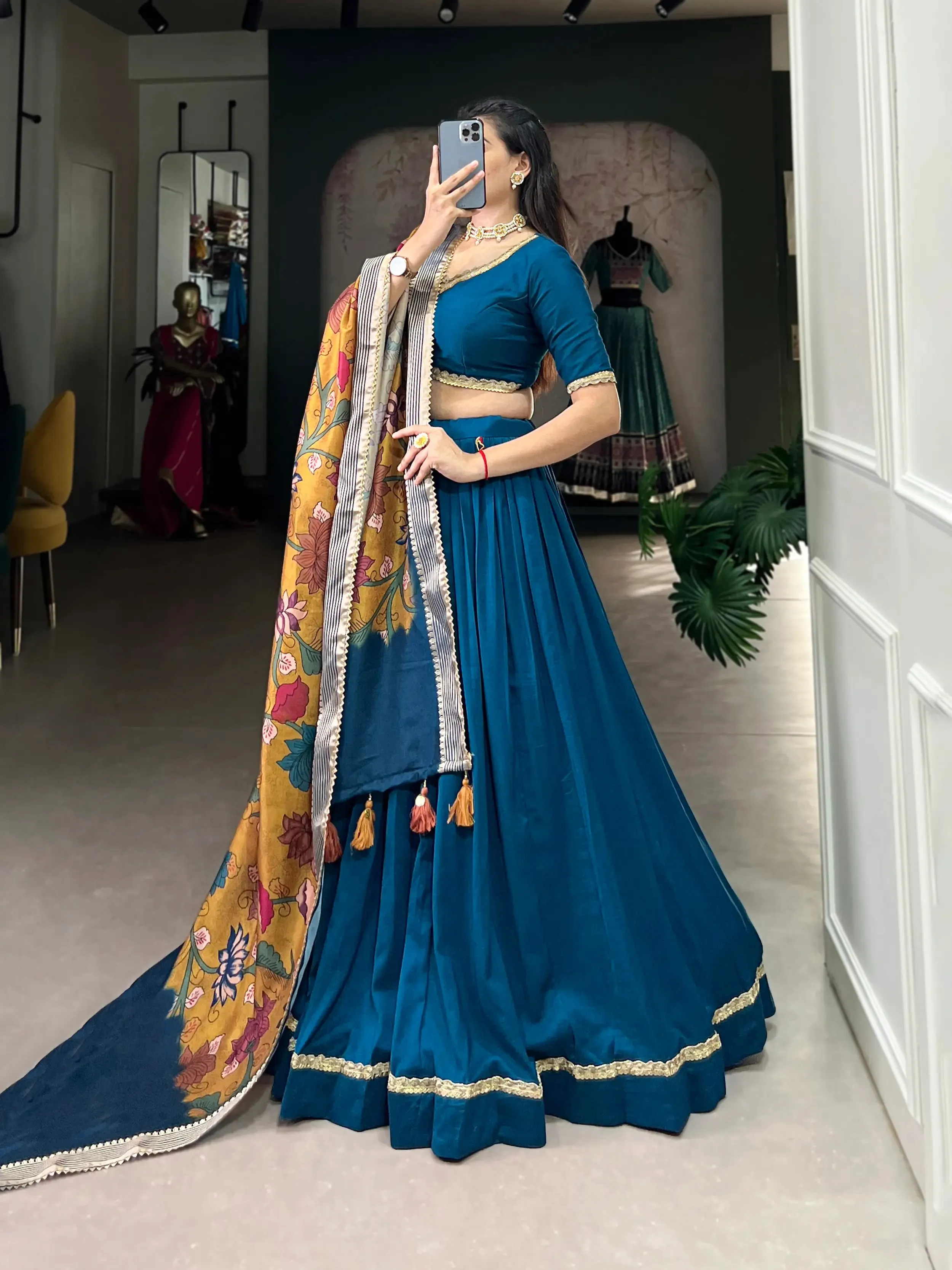 Teal Blue Chinnon Silk Lehenga Choli