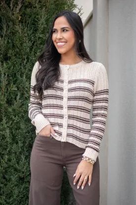 Think It Through Beige Striped Cardigan Sweater