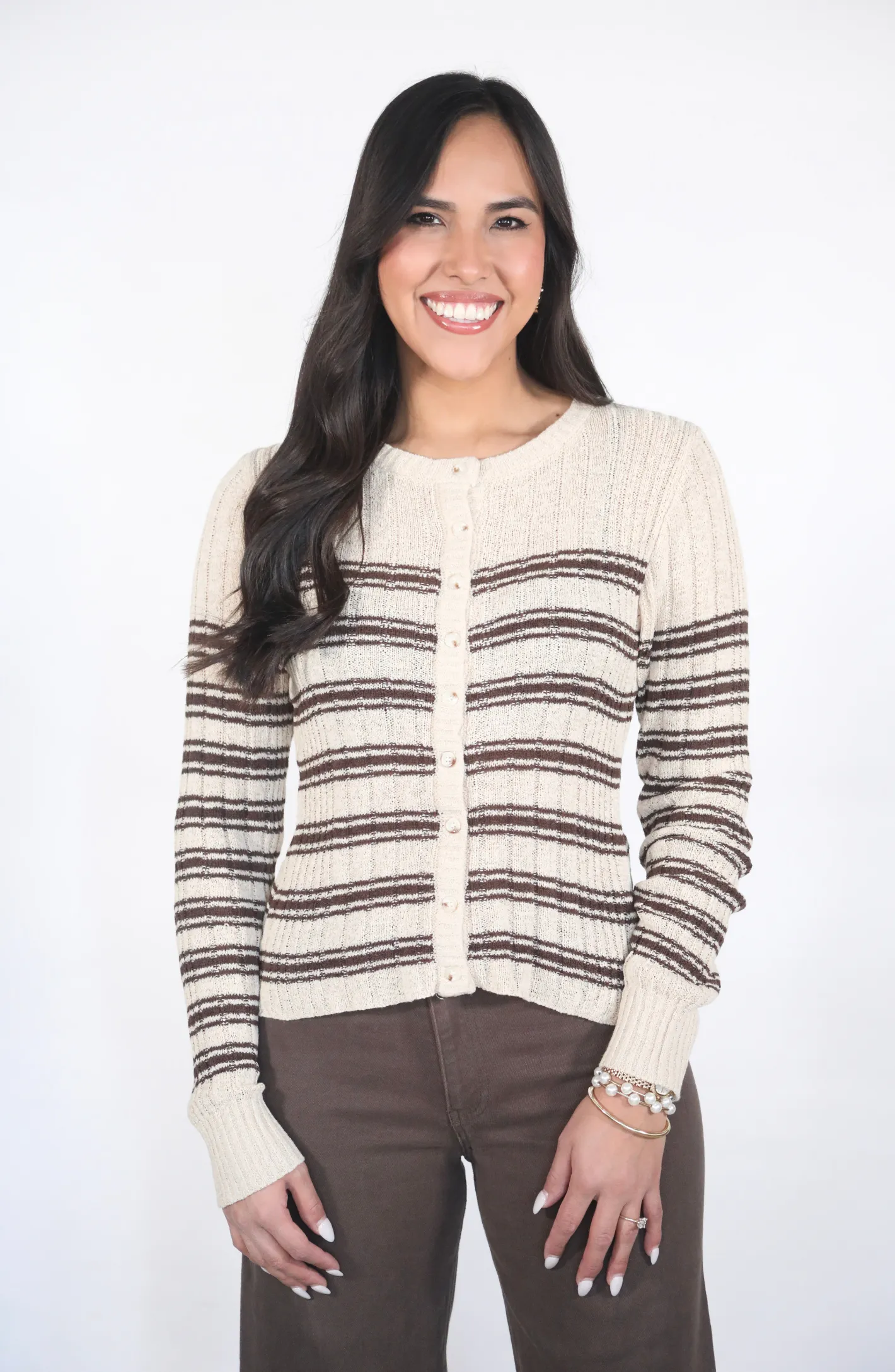 Think It Through Beige Striped Cardigan Sweater